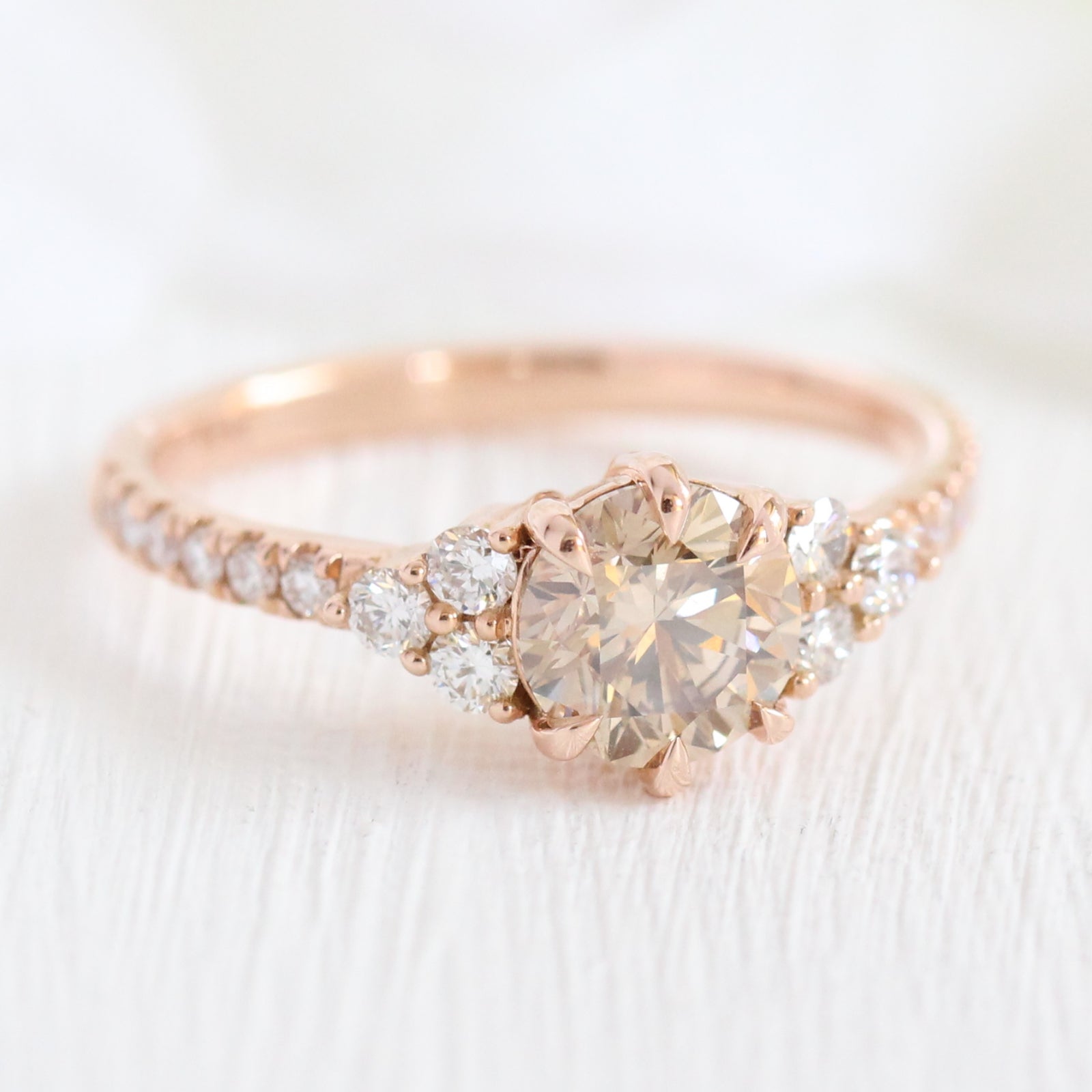 Champagne Diamond Engagement Ring in Rose Gold 3 Stone Ring by La More Design Jewelry