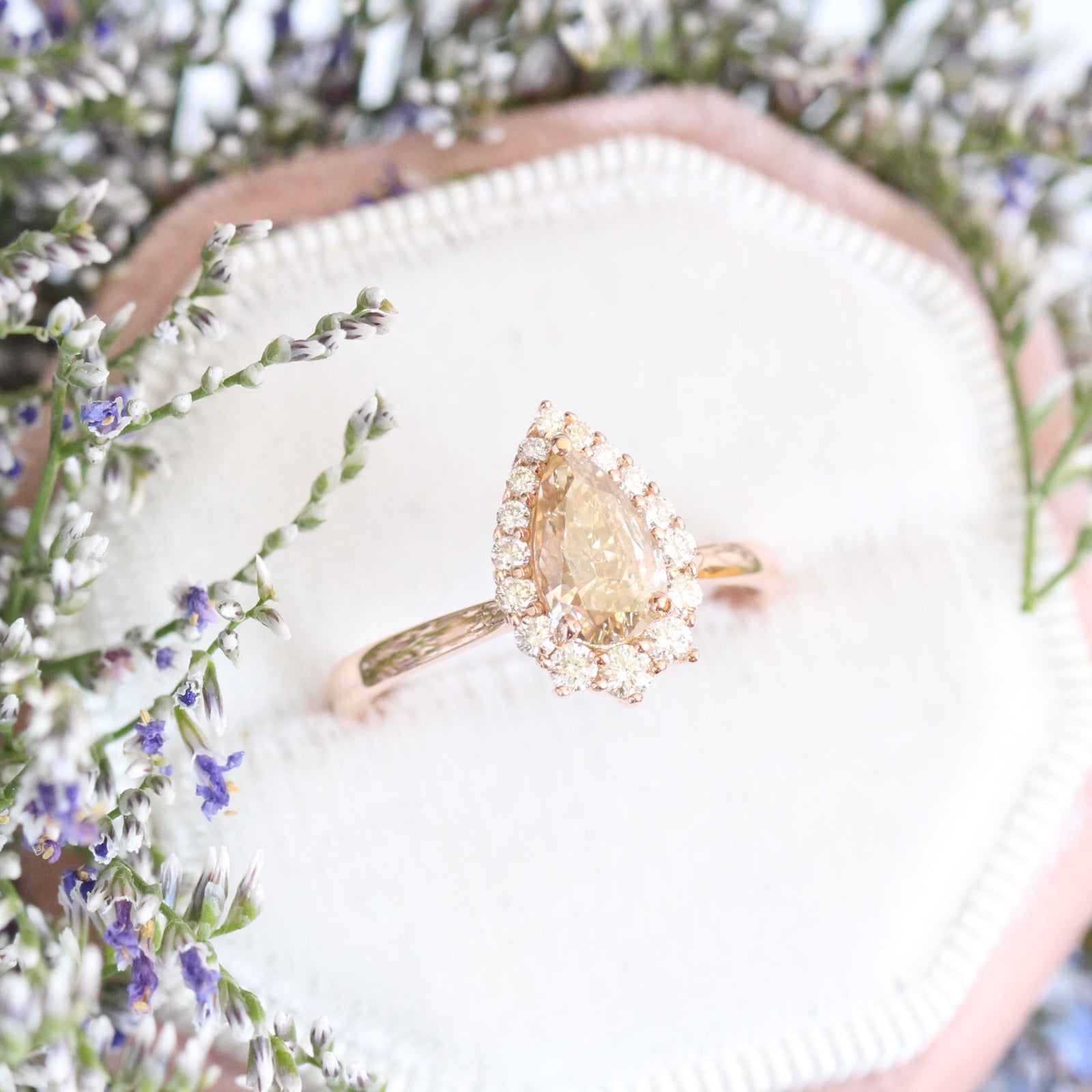 Champagne Diamond Engagement Ring in Rose Gold Halo Diamond Pear Ring by La More Design Jewelry