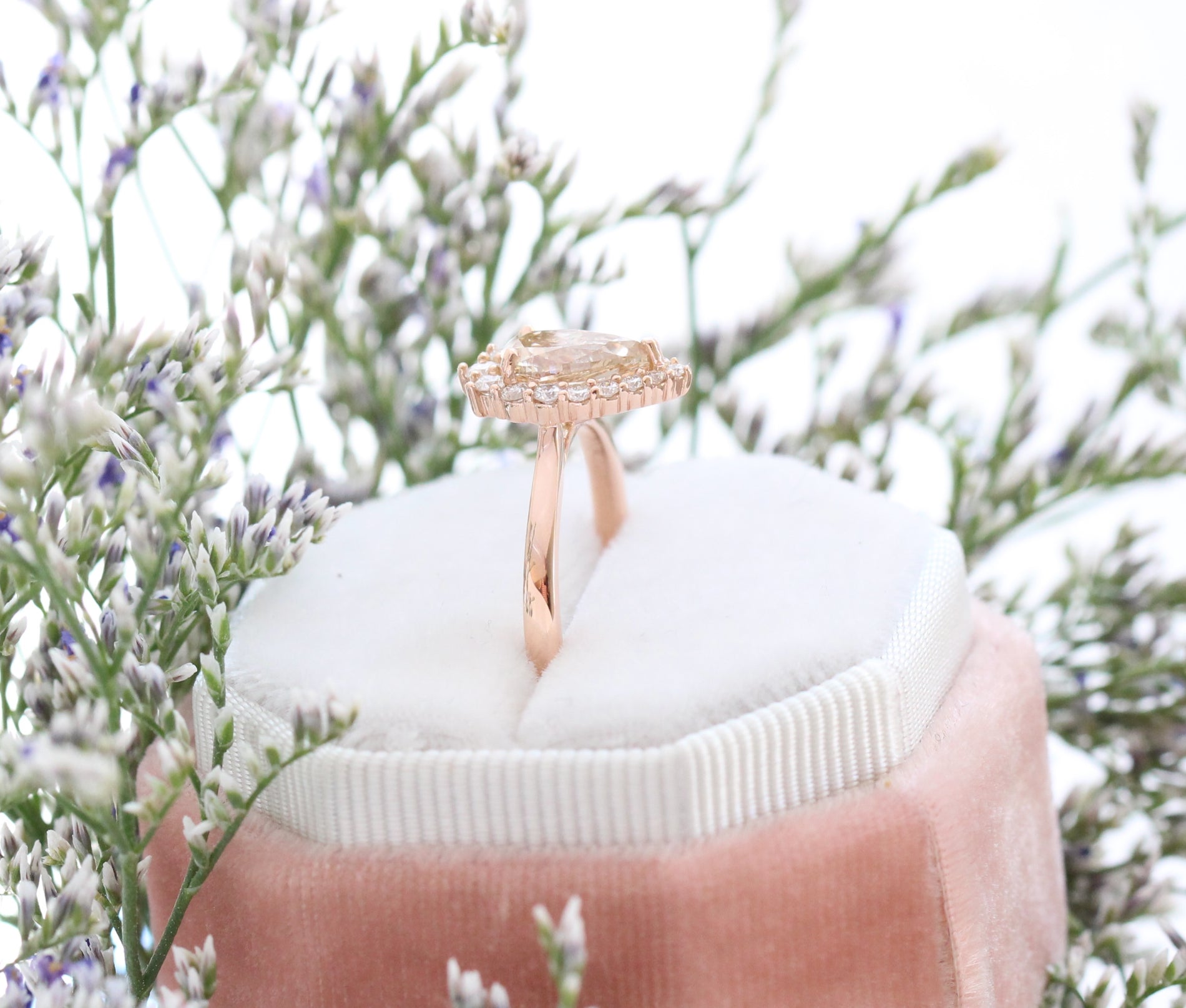 Champagne Diamond Engagement Ring in Rose Gold Halo Diamond Pear Ring by La More Design Jewelry