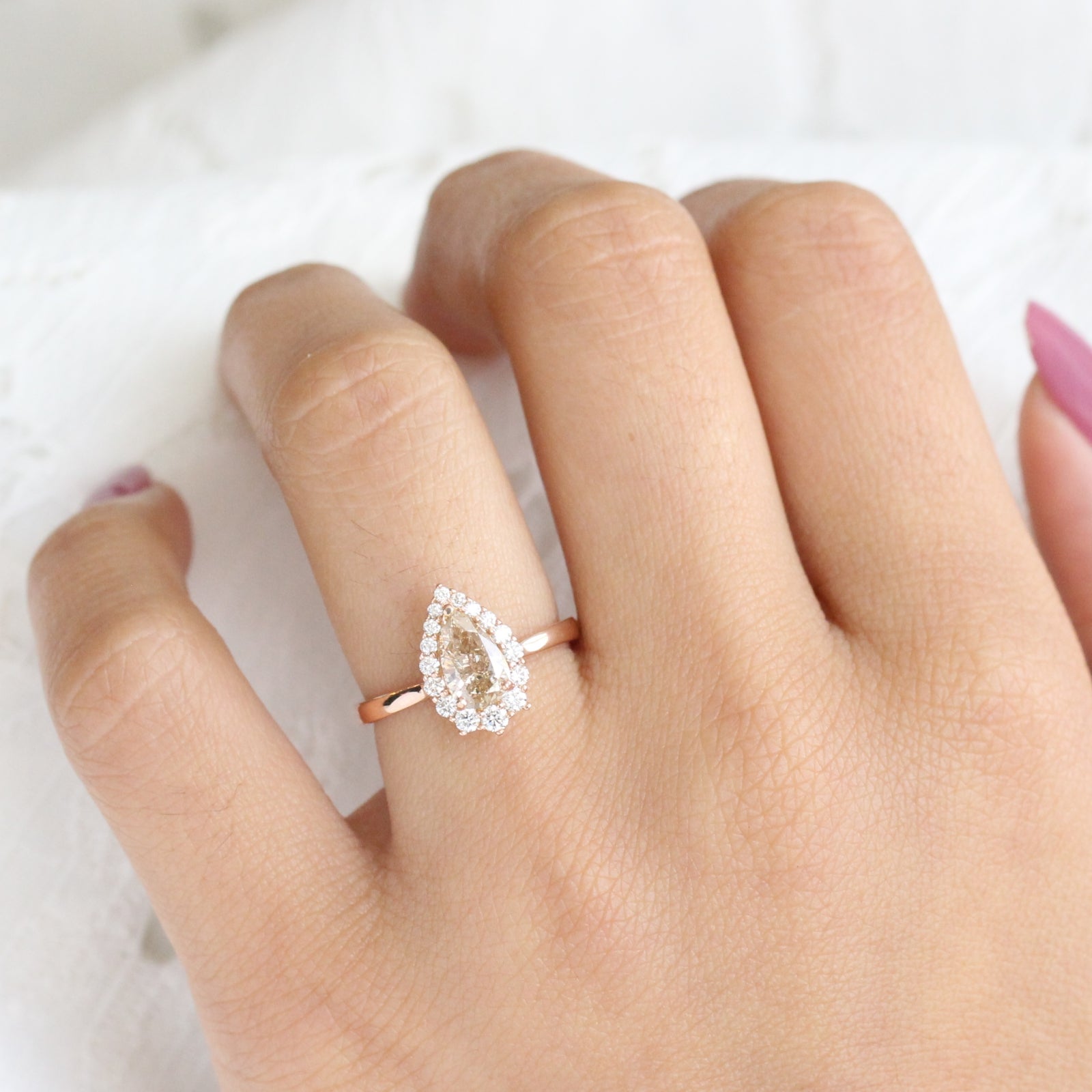 Champagne Diamond Engagement Ring in Rose Gold Halo Diamond Pear Ring by La More Design Jewelry