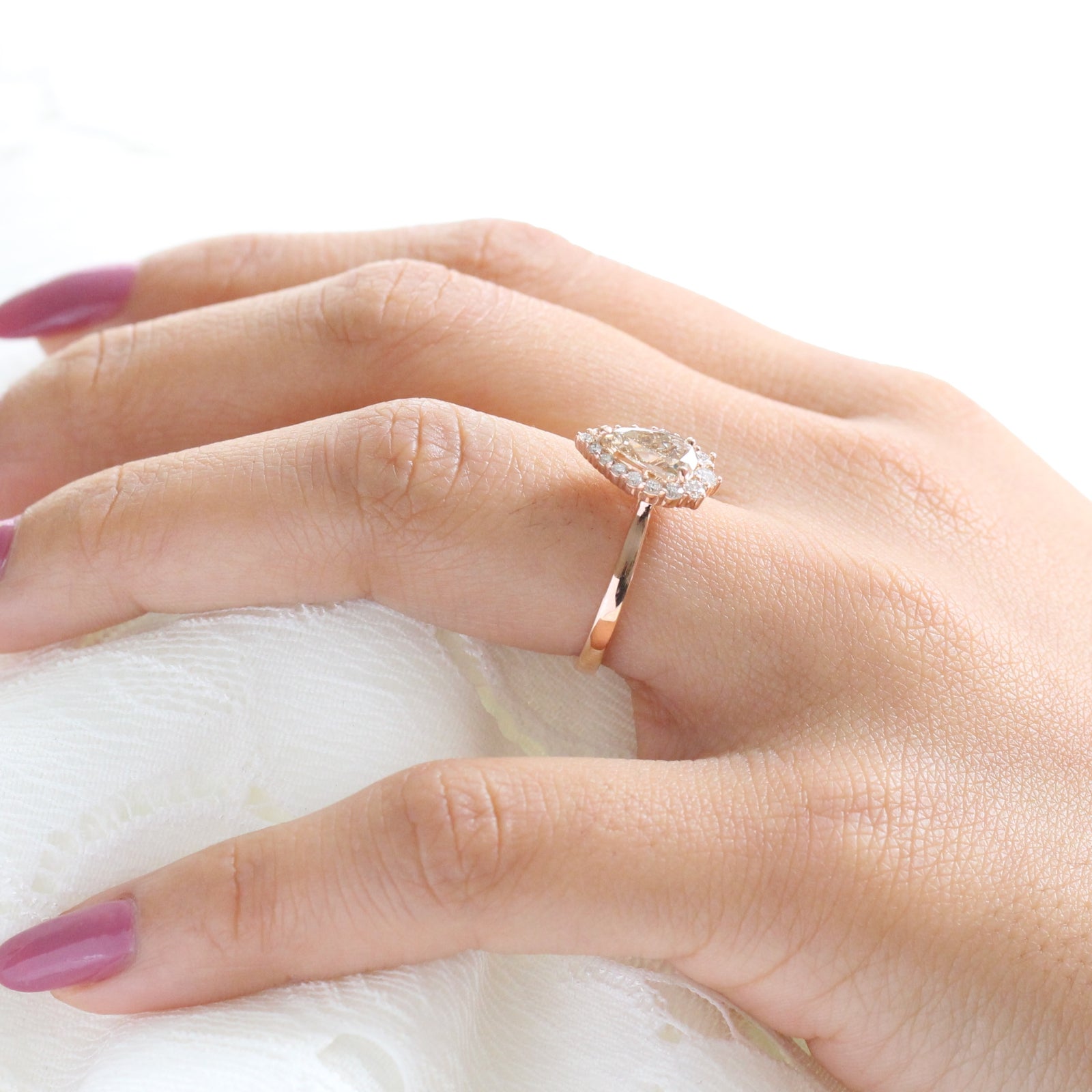 Champagne Diamond Engagement Ring in Rose Gold Halo Diamond Pear Ring by La More Design Jewelry