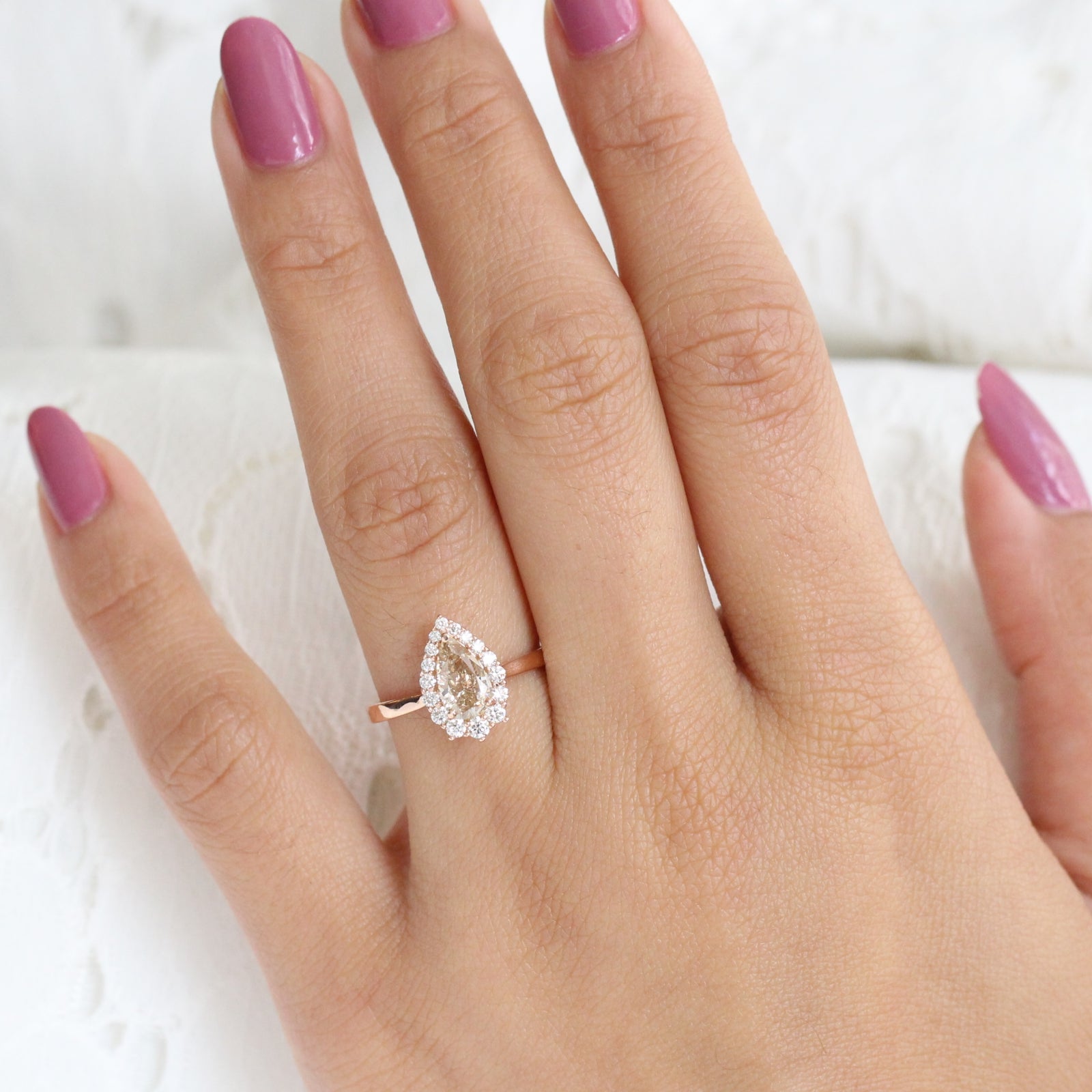 Champagne Diamond Engagement Ring in Rose Gold Halo Diamond Pear Ring by La More Design Jewelry