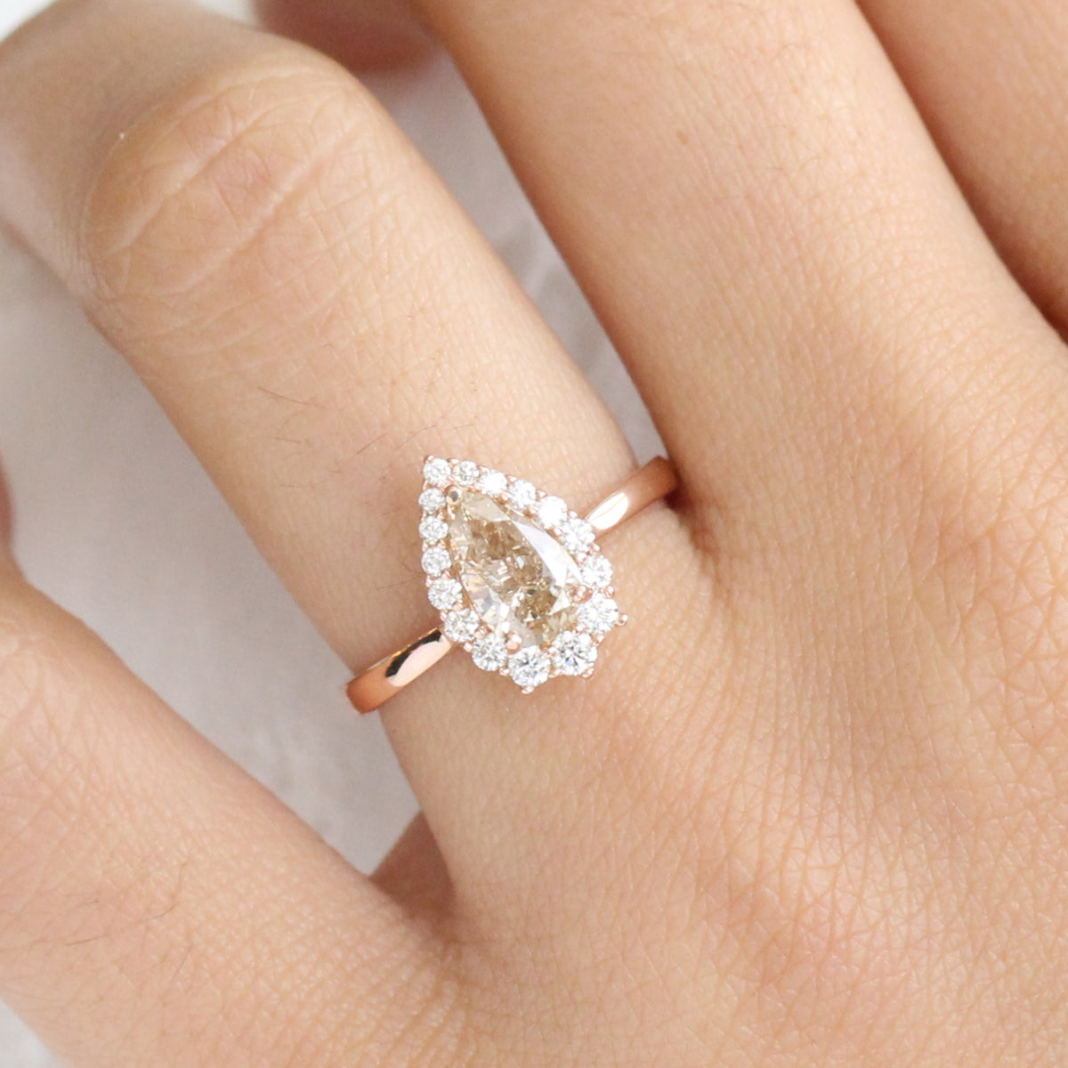 Champagne Diamond Engagement Ring in Rose Gold Halo Diamond Pear Ring by La More Design Jewelry