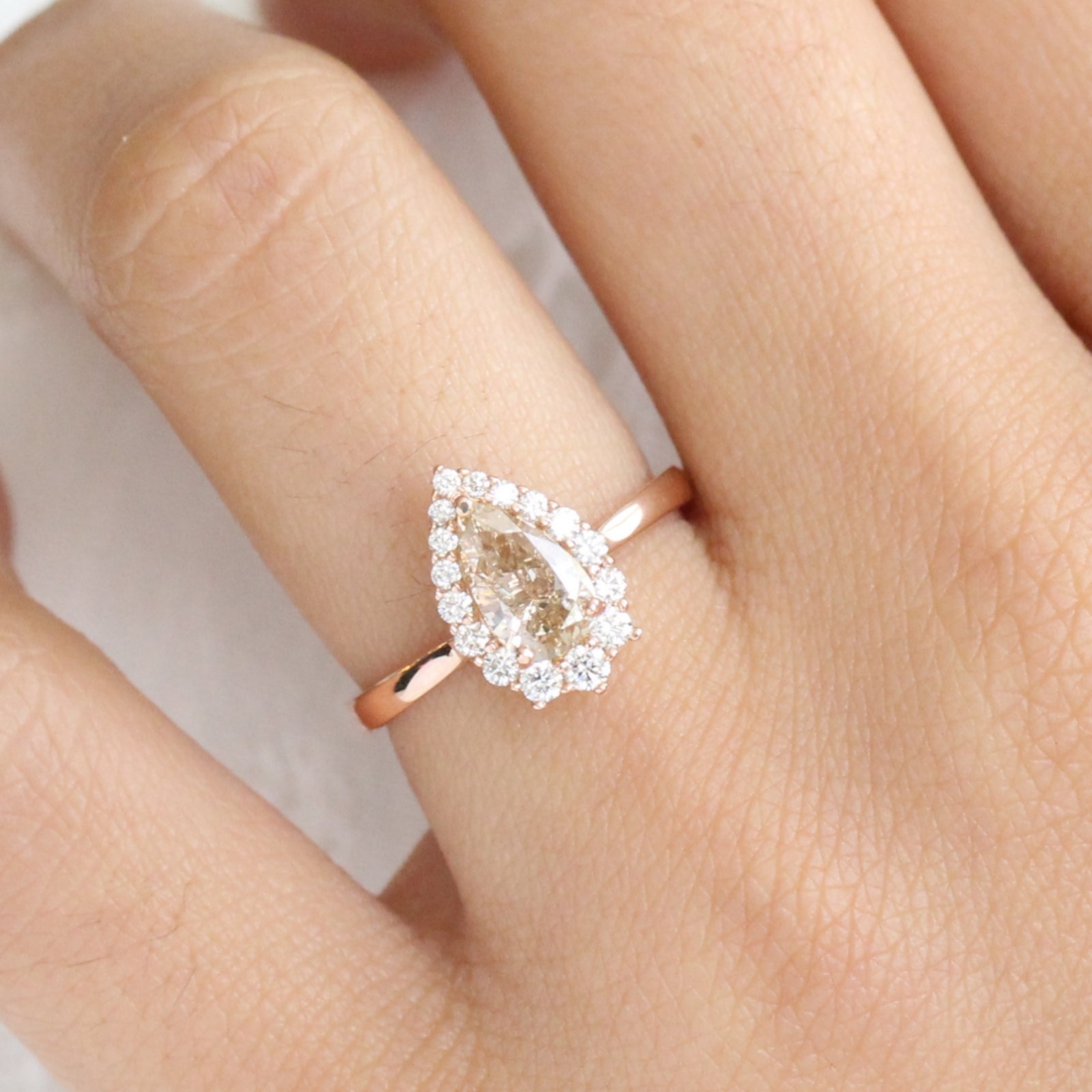 Champagne Diamond Engagement Ring in Rose Gold Halo Diamond Pear Ring by La More Design Jewelry