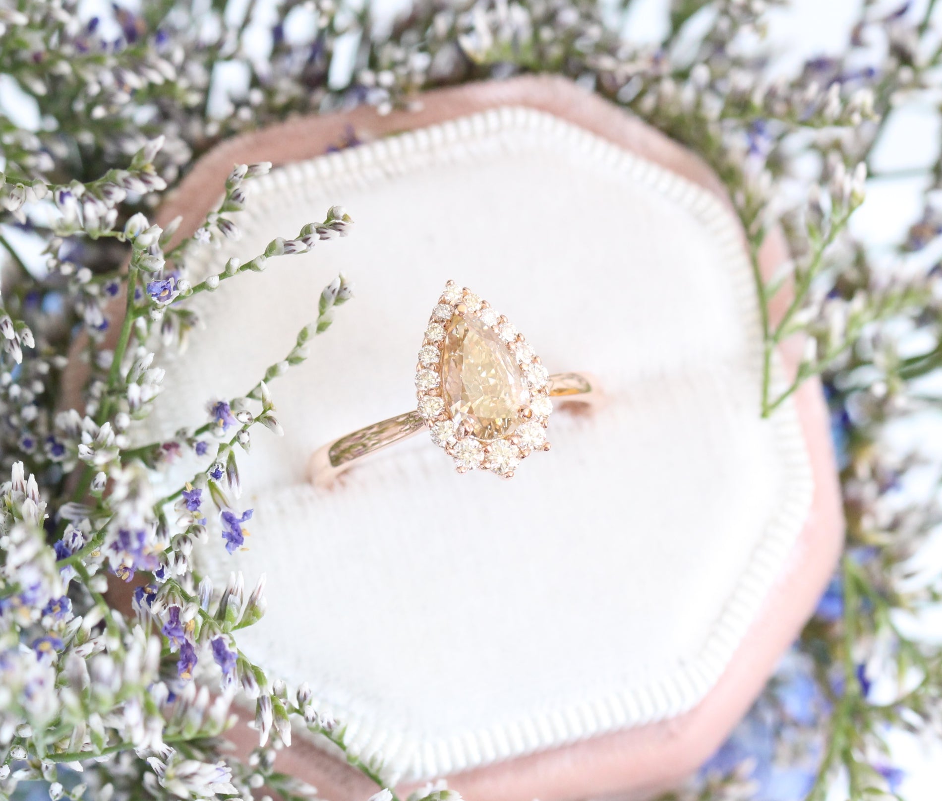Champagne Diamond Engagement Ring in Rose Gold Halo Diamond Pear Ring by La More Design Jewelry