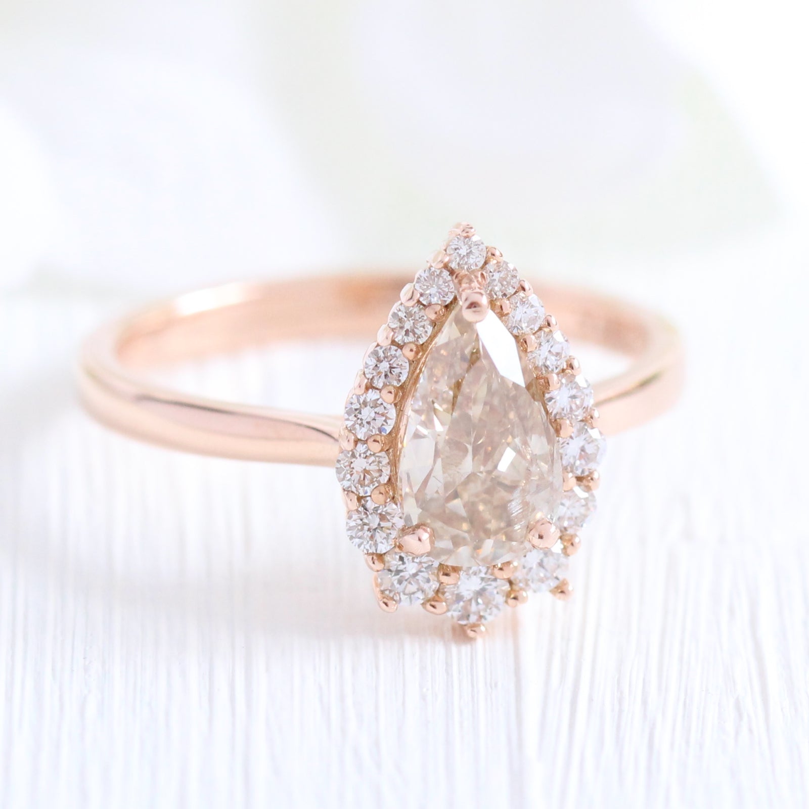 Champagne Diamond Engagement Ring in Rose Gold Halo Diamond Pear Ring by La More Design Jewelry