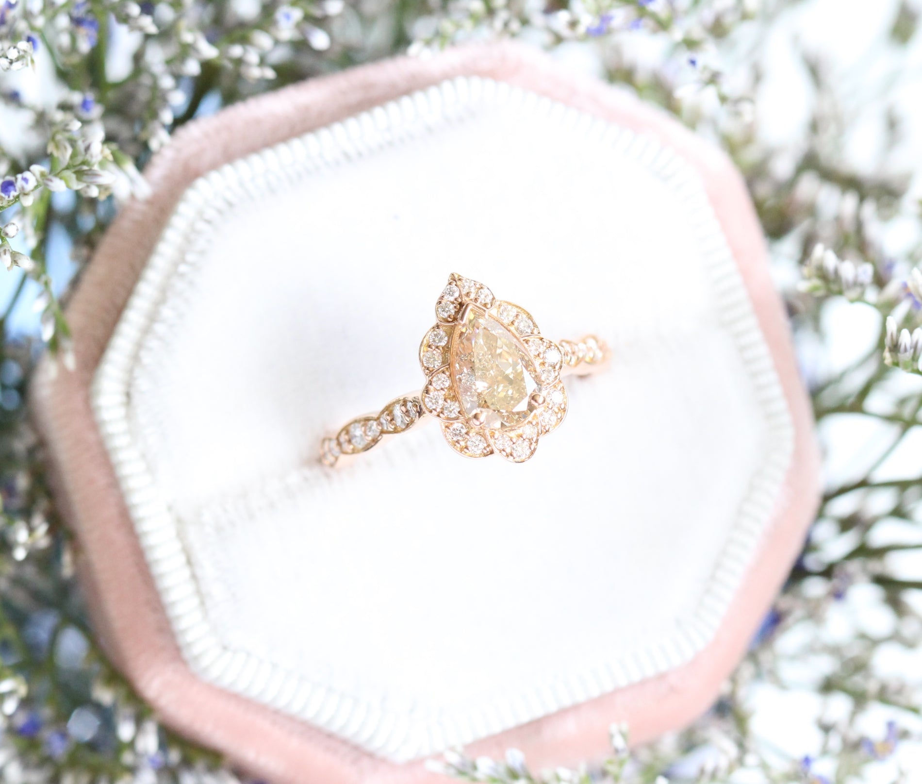 Champagne Diamond Engagement Ring in Rose Gold Vintage Floral Pear Ring by La More Design Jewelry