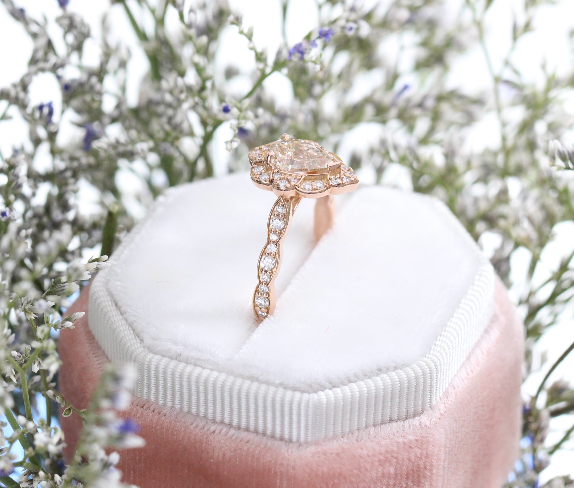 Champagne Diamond Engagement Ring in Rose Gold Vintage Floral Pear Ring by La More Design Jewelry