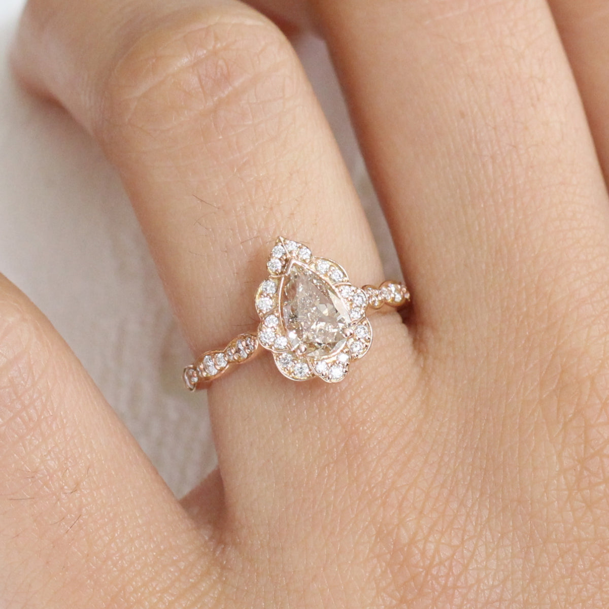 Champagne Diamond Engagement Ring in Rose Gold Vintage Floral Pear Ring by La More Design Jewelry