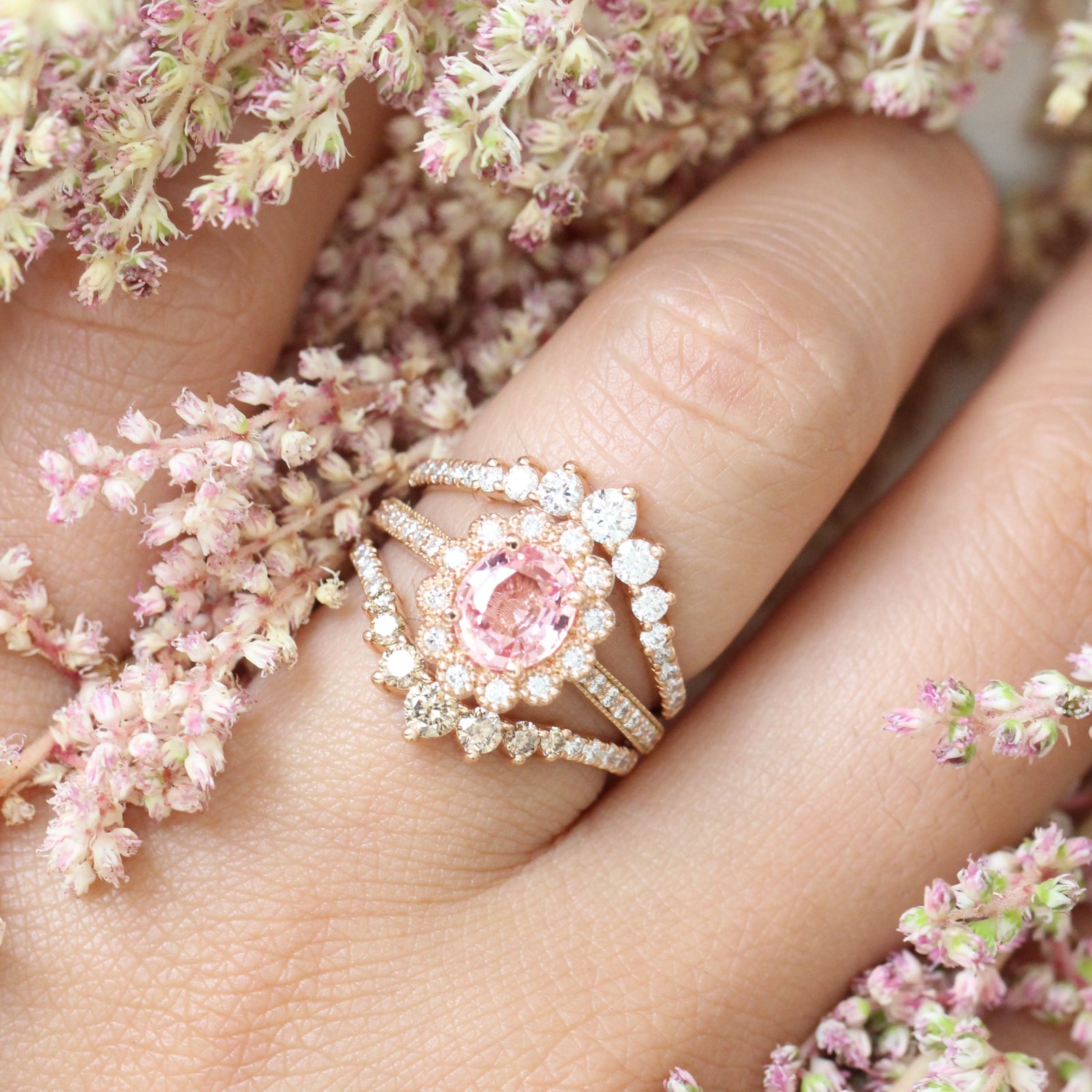 Champagne peach sapphire engagement ring diamond stacking ring set rose gold by la more design jewelry