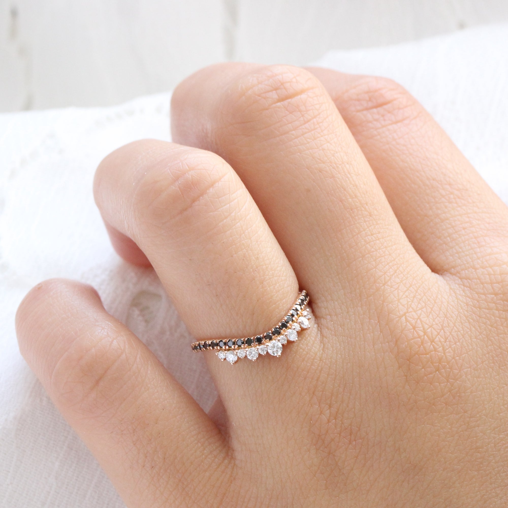 Crown wedding band with black and white diamond in rose gold by la more design