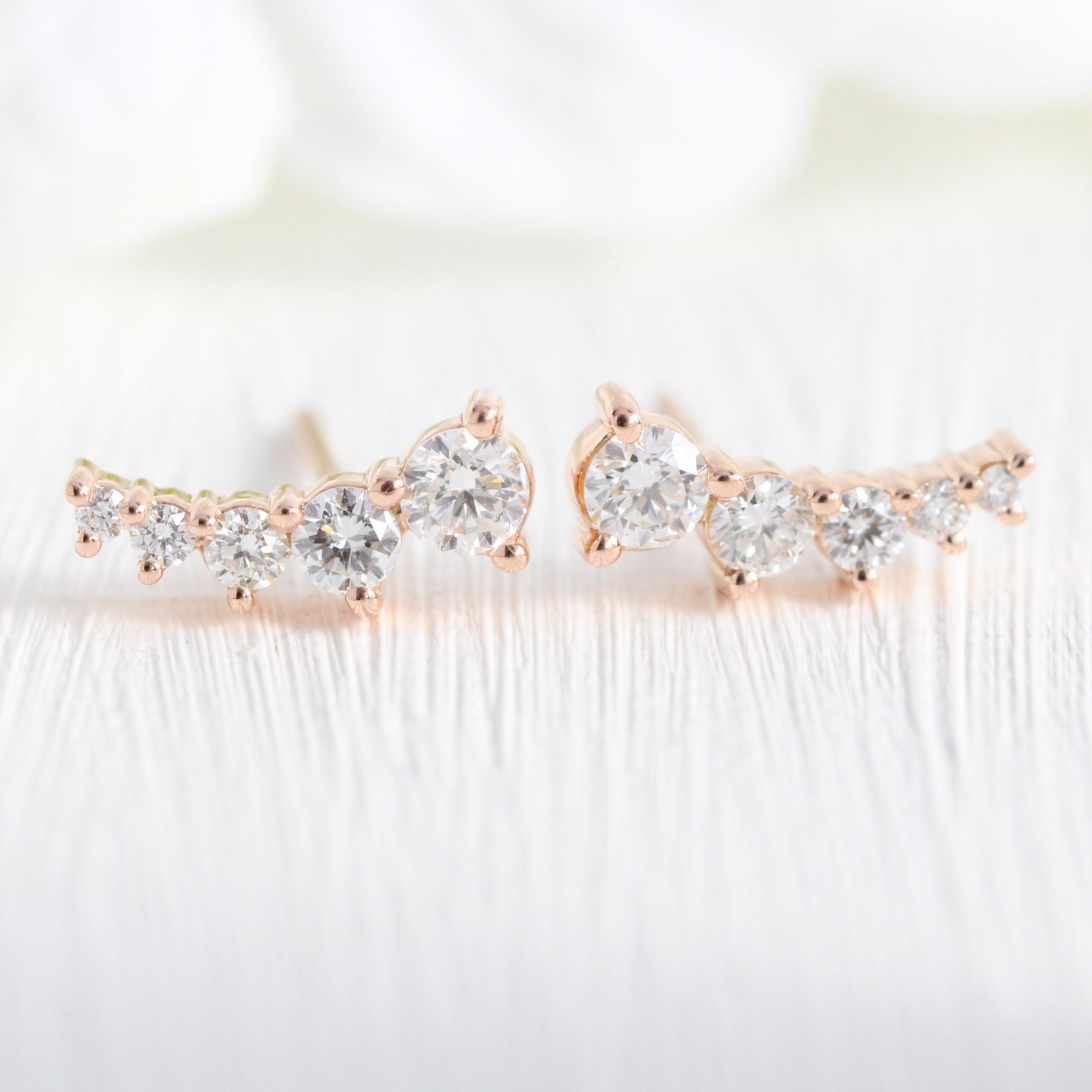 5 Black Diamond Earrings Rose Gold Studs Curved Crawler Earrings 14K White Gold - Made to Order