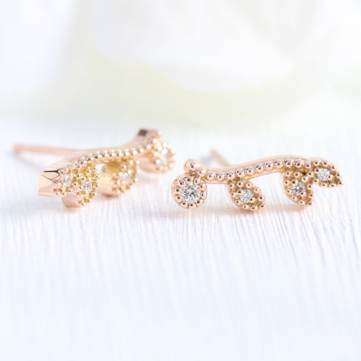 Curved Leaf Diamond Earrings Rose Gold Studs la more design jewelry