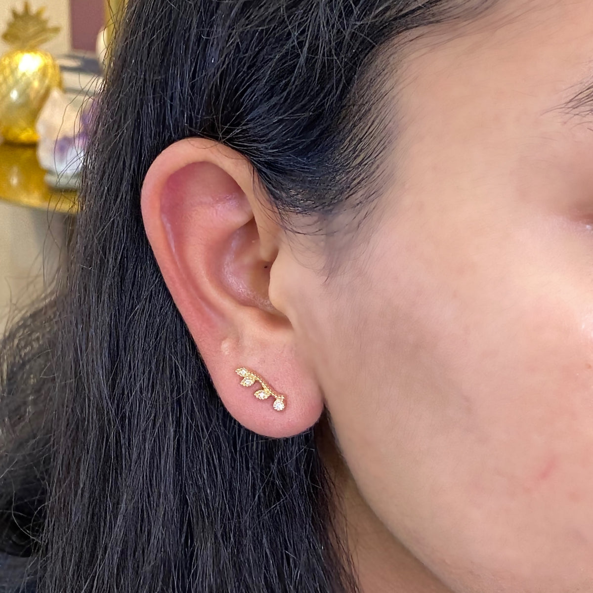 Curved Leaf Diamond Earrings Rose Gold Studs la more design jewelry