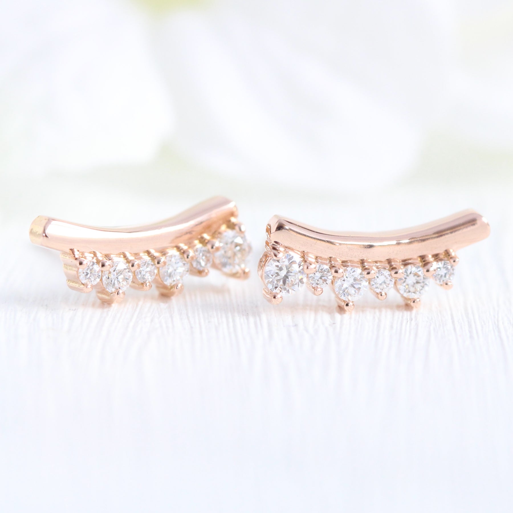 Large Diamond Earrings Rose Gold Stud Earrings Curved Crawler Earrings