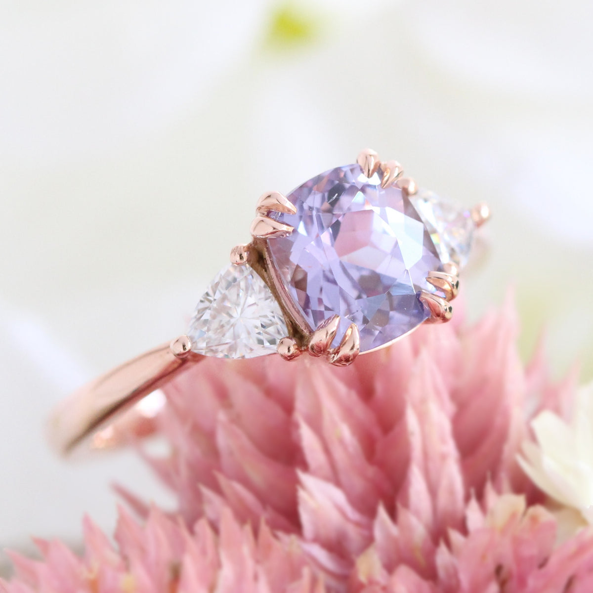 Cushion cut lavender purple sapphire engagement ring rose gold 3 stone ring la more design jewelry