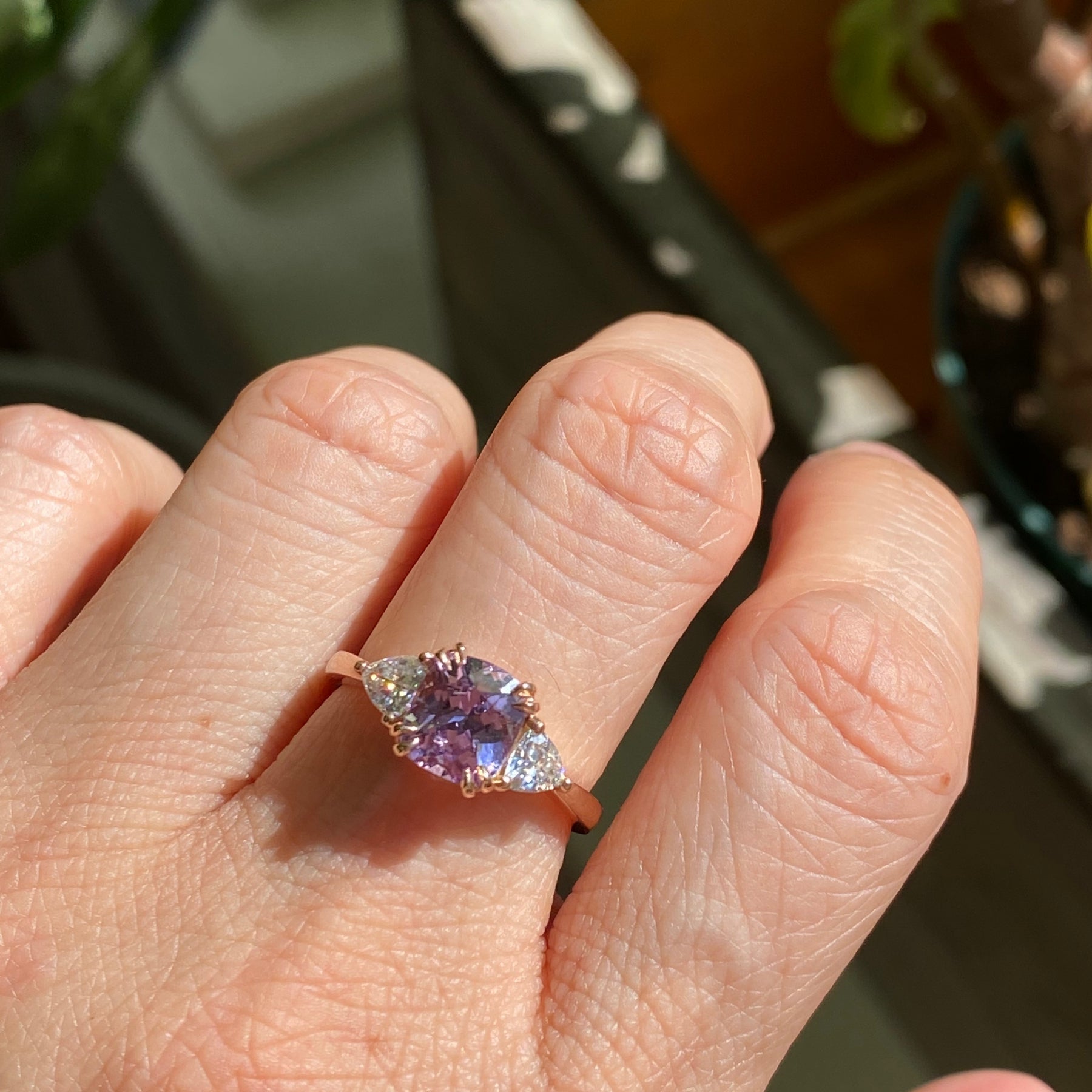 Cushion cut lavender purple sapphire engagement ring rose gold 3 stone ring la more design jewelry