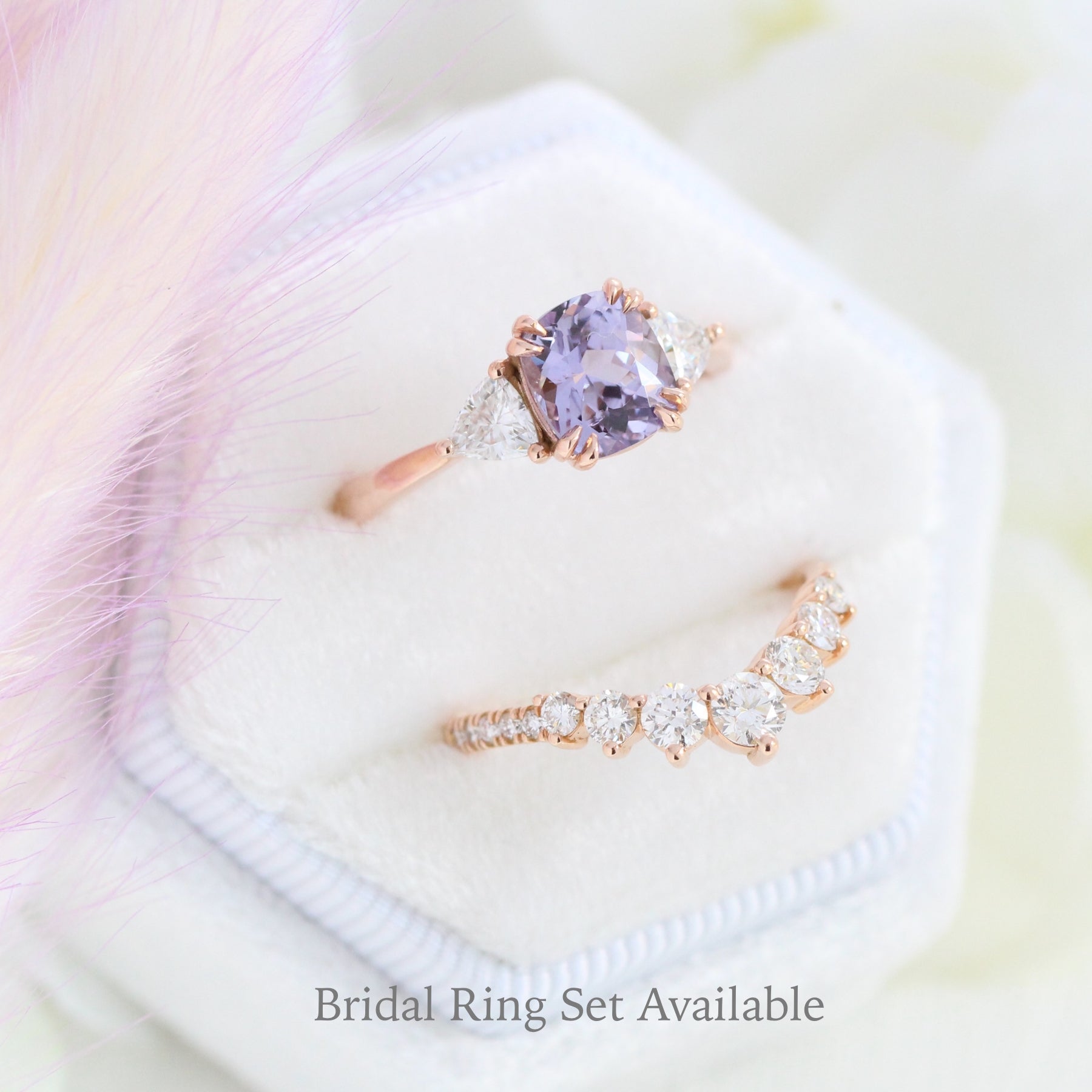 Cushion cut lavender purple sapphire engagement ring rose gold 3 stone ring la more design jewelry