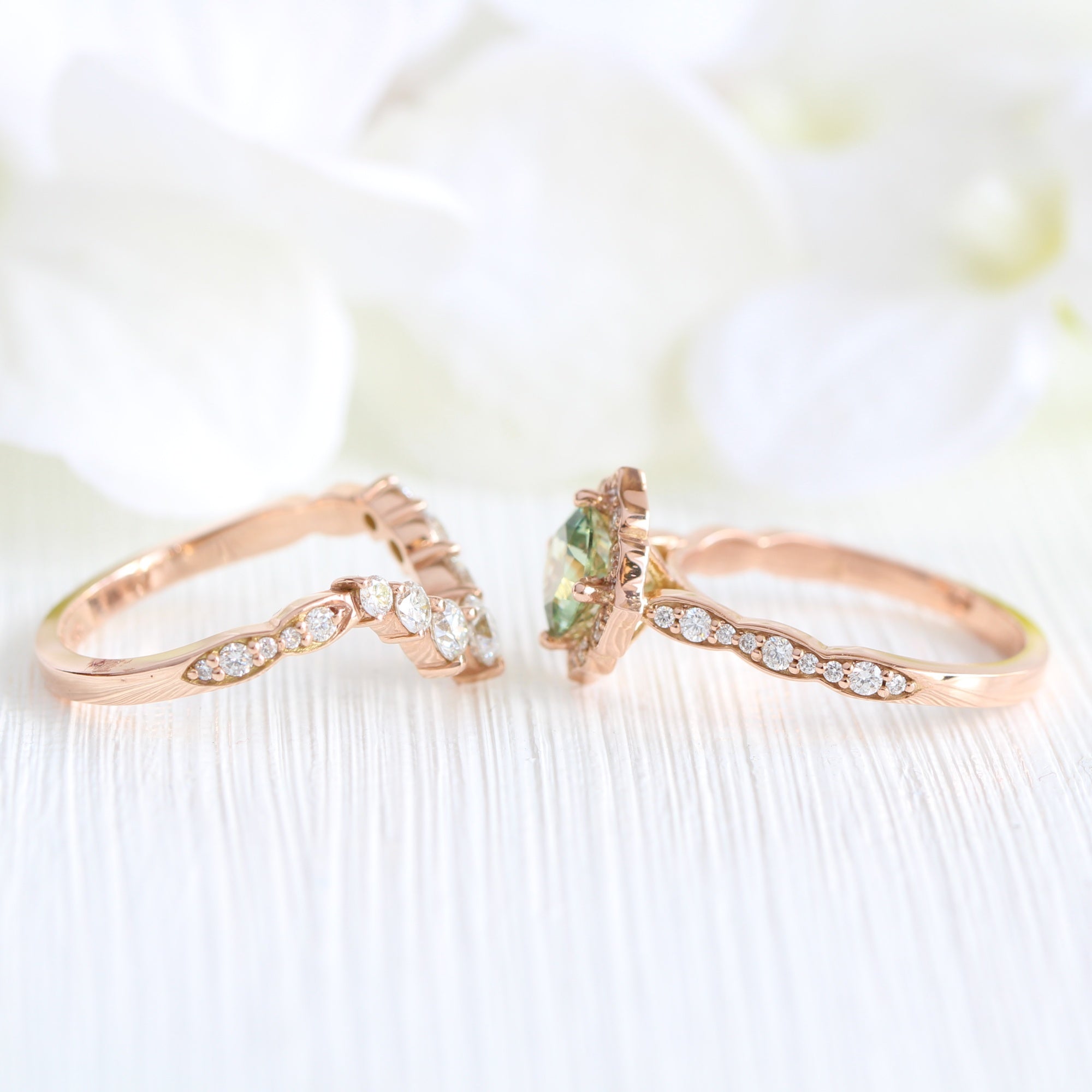 Cushion green sapphire ring rose gold deep curved diamond wedding band la more design jewelry