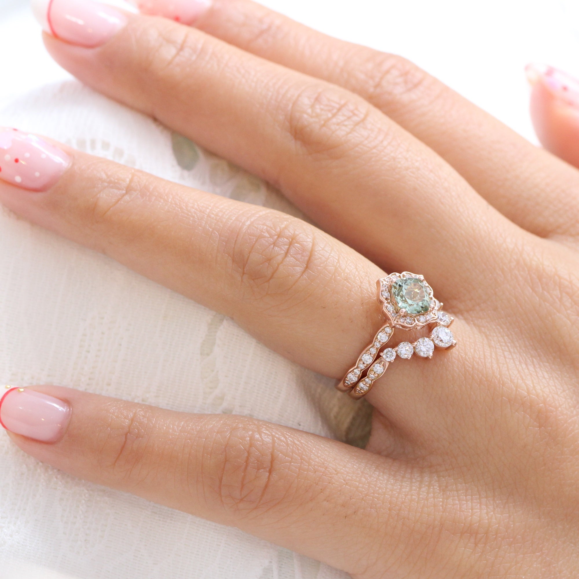 Cushion green sapphire ring rose gold deep curved diamond wedding band la more design jewelry