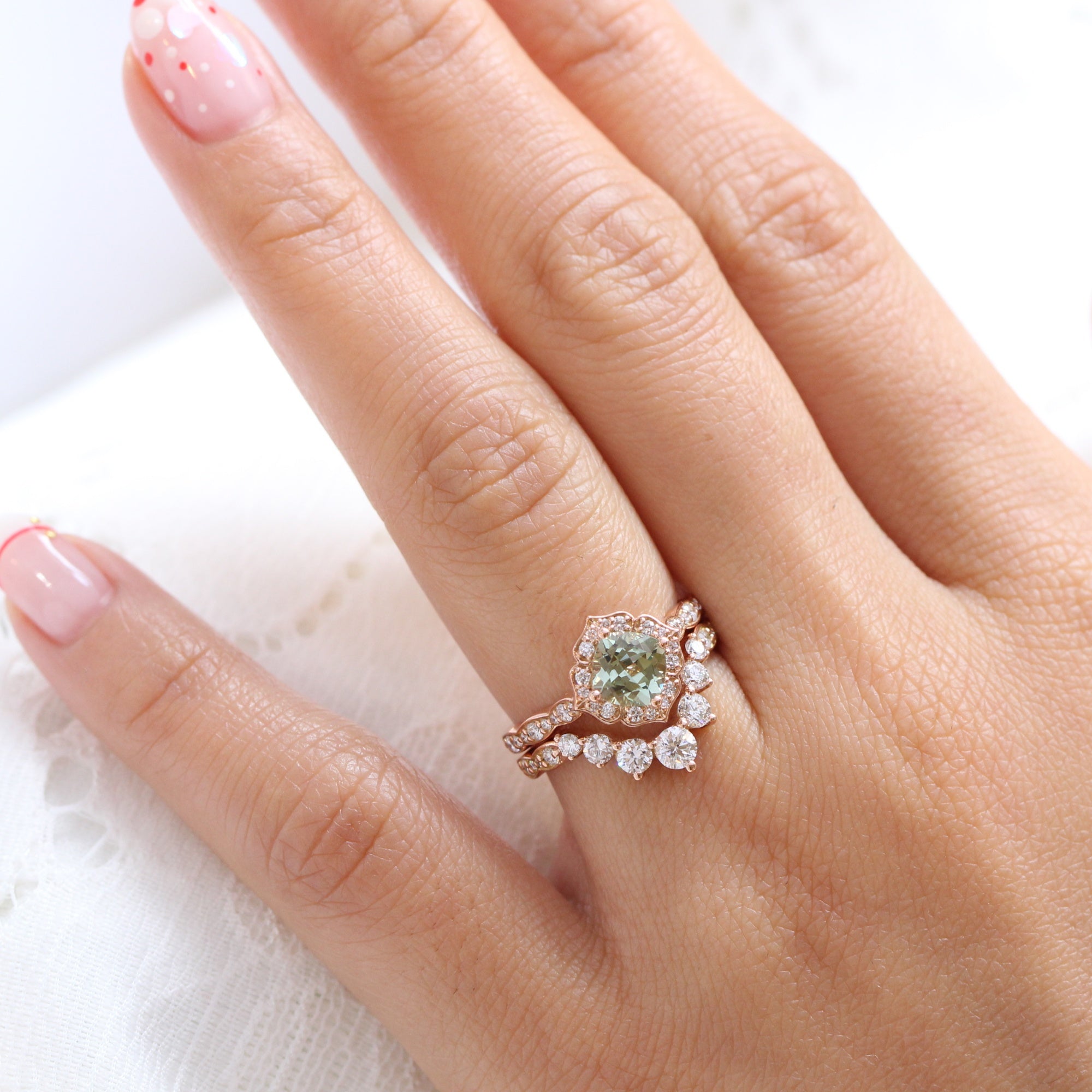 Cushion green sapphire ring rose gold deep curved diamond wedding band la more design jewelry