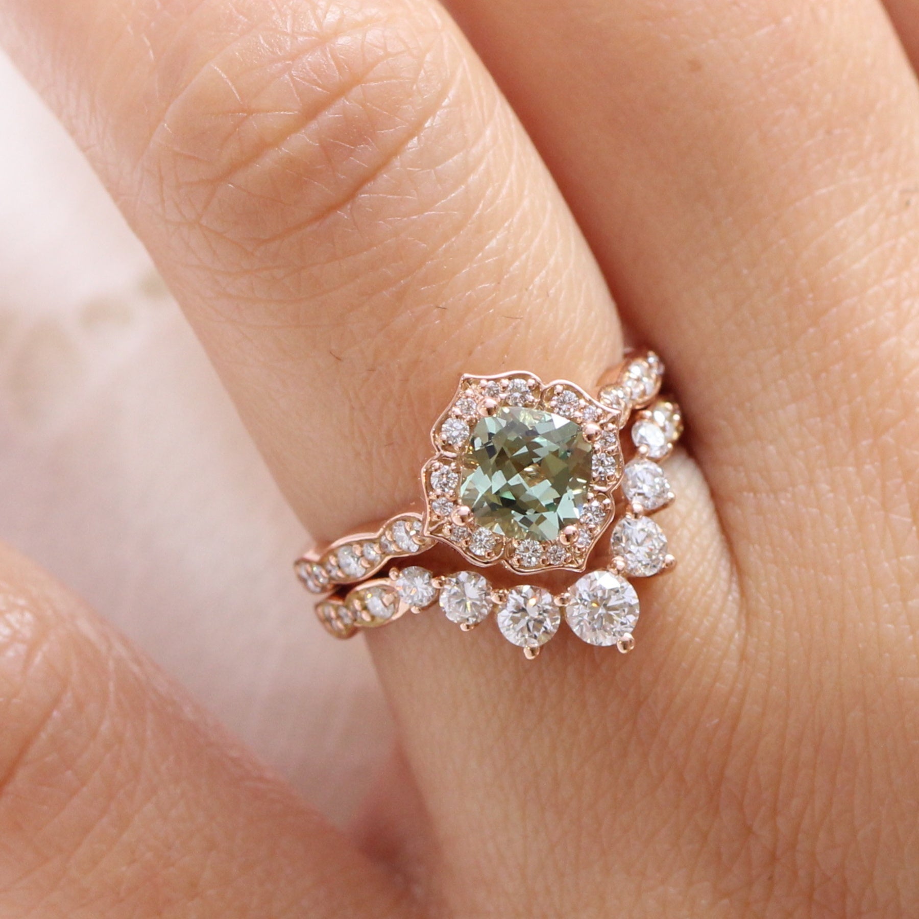 Cushion green sapphire ring rose gold deep curved diamond wedding band la more design jewelry