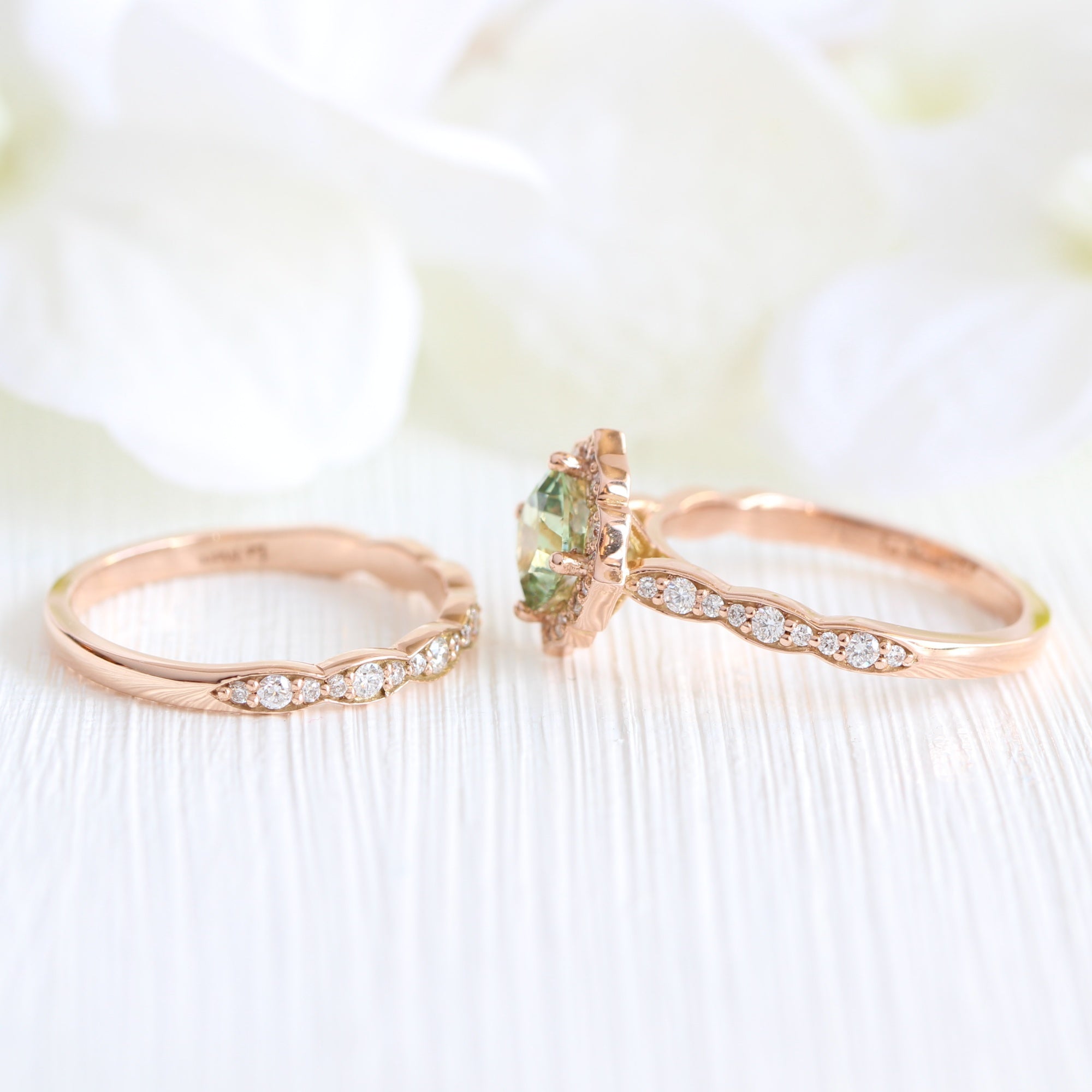 Cushion green sapphire ring rose gold matching diamond wedding band la more design jewelry