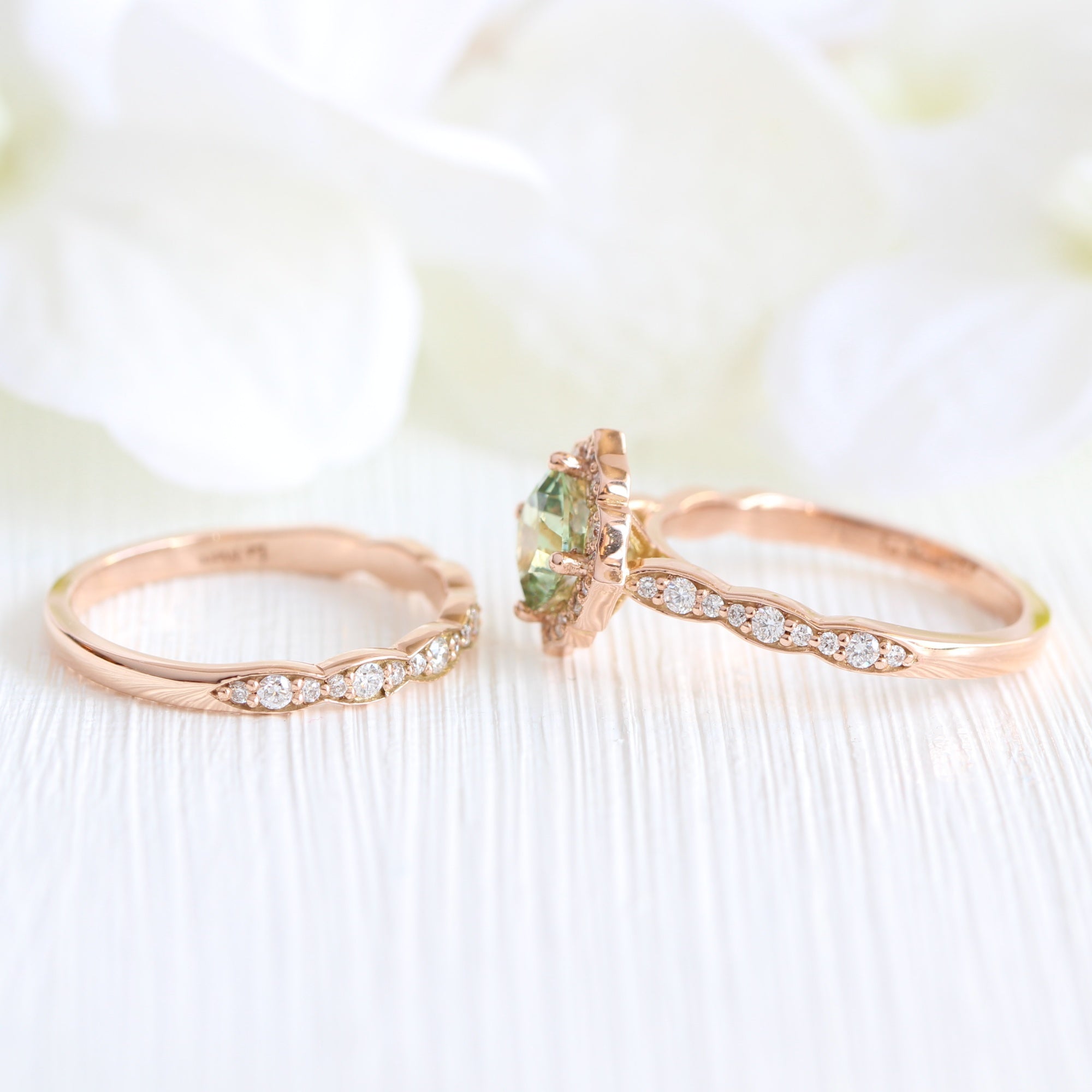 Cushion green sapphire ring rose gold matching diamond wedding band la more design jewelry