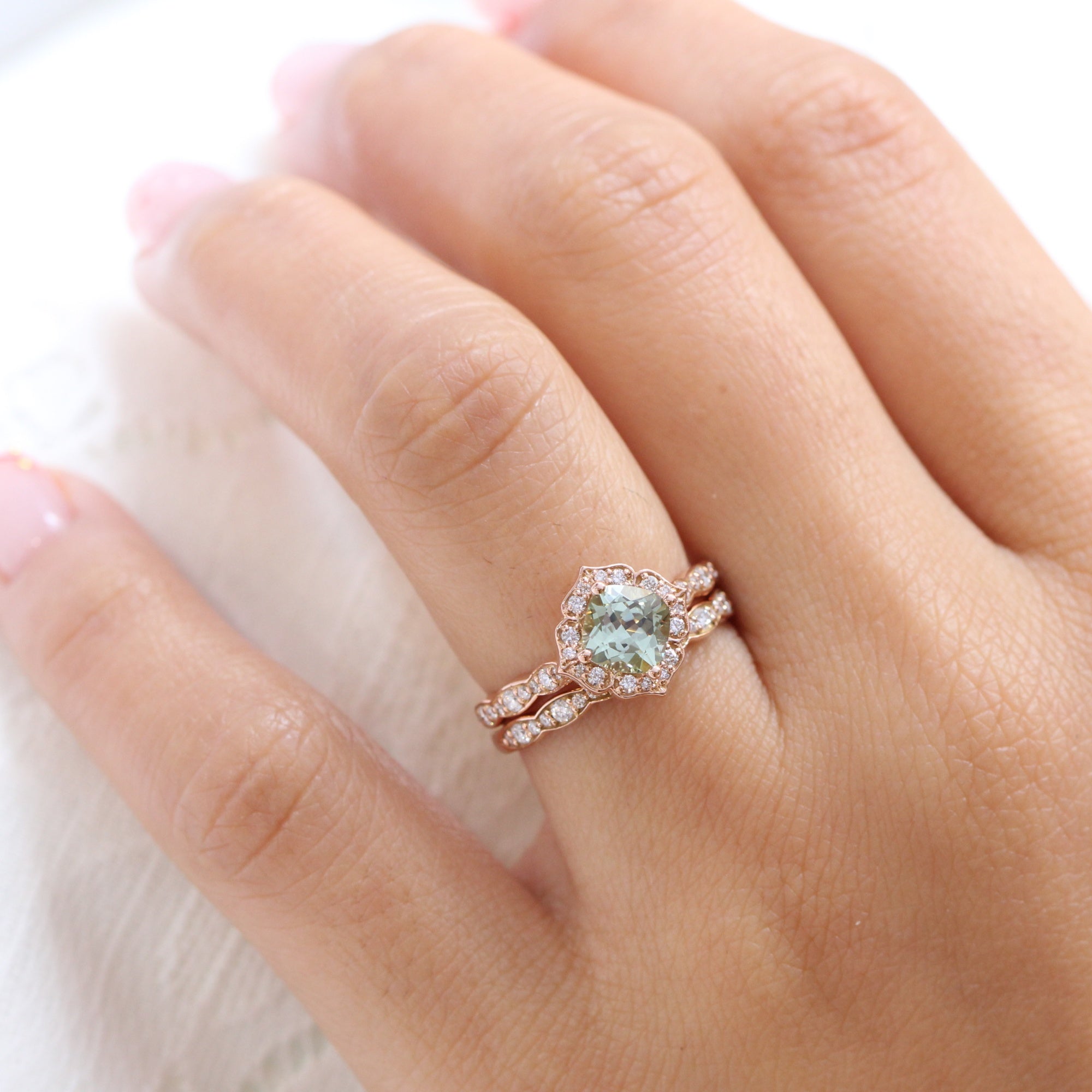 Cushion green sapphire ring rose gold matching diamond wedding band la more design jewelry