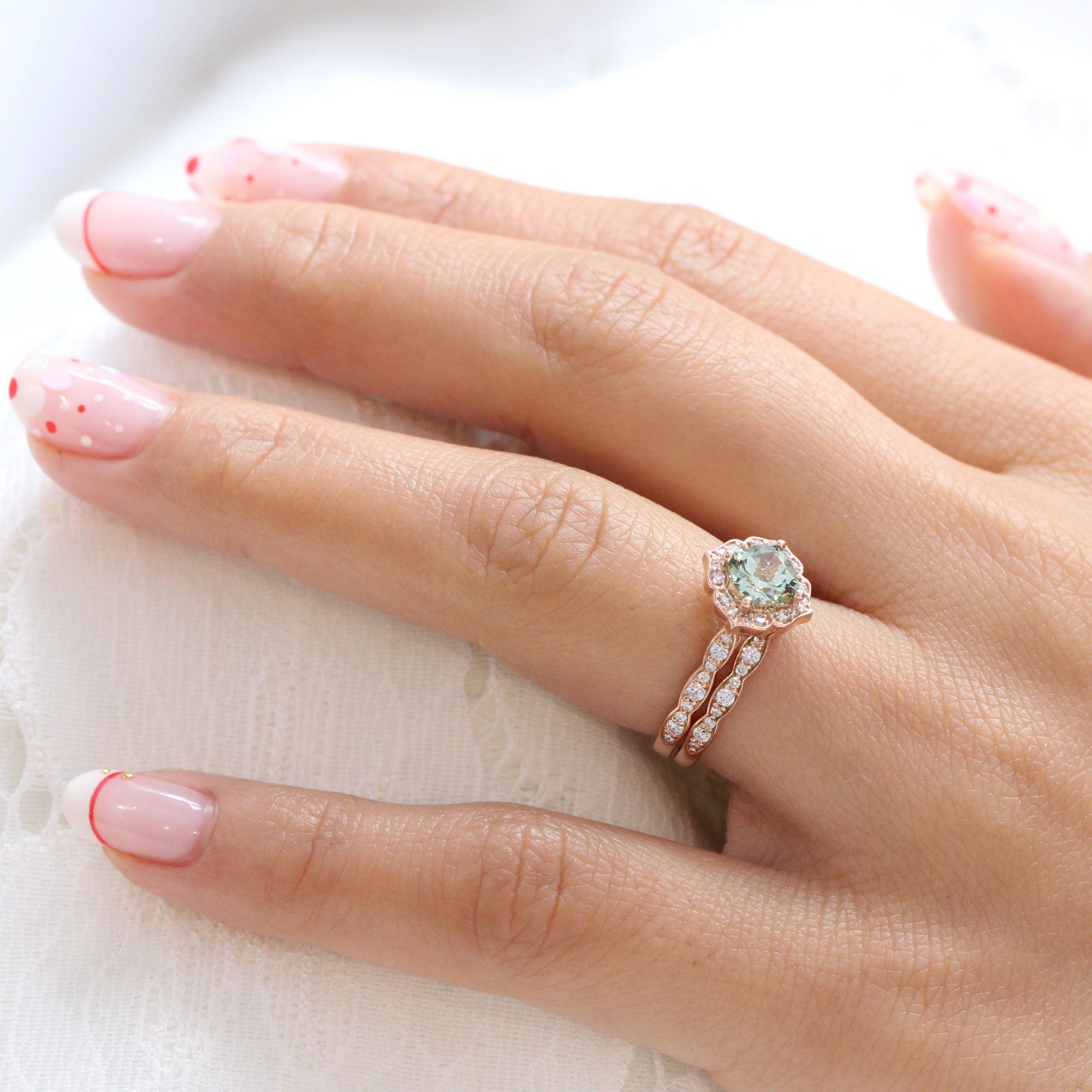 Cushion green sapphire ring rose gold matching diamond wedding band la more design jewelry