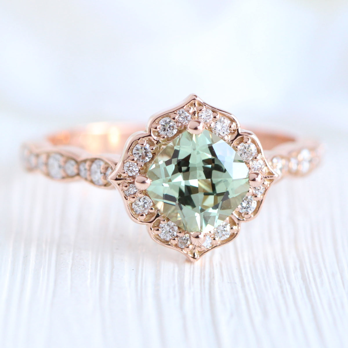 Cushion green sapphire ring rose gold vintage halo diamond ring la more design jewelry