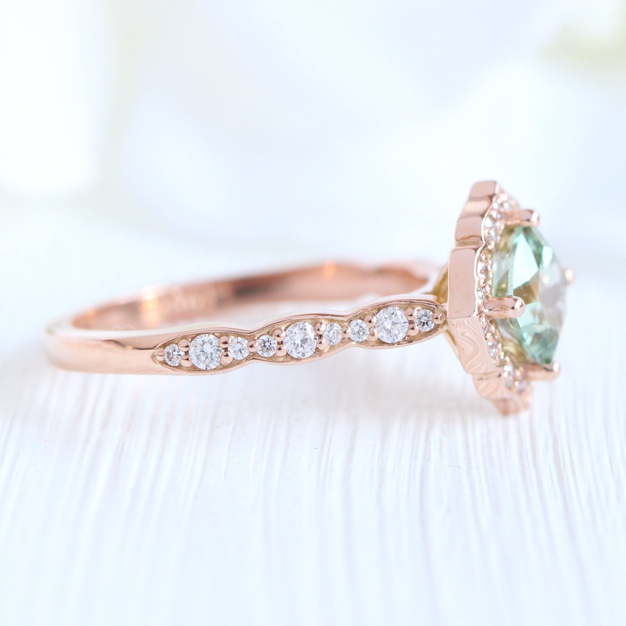 Cushion green sapphire ring rose gold vintage halo diamond ring la more design jewelry