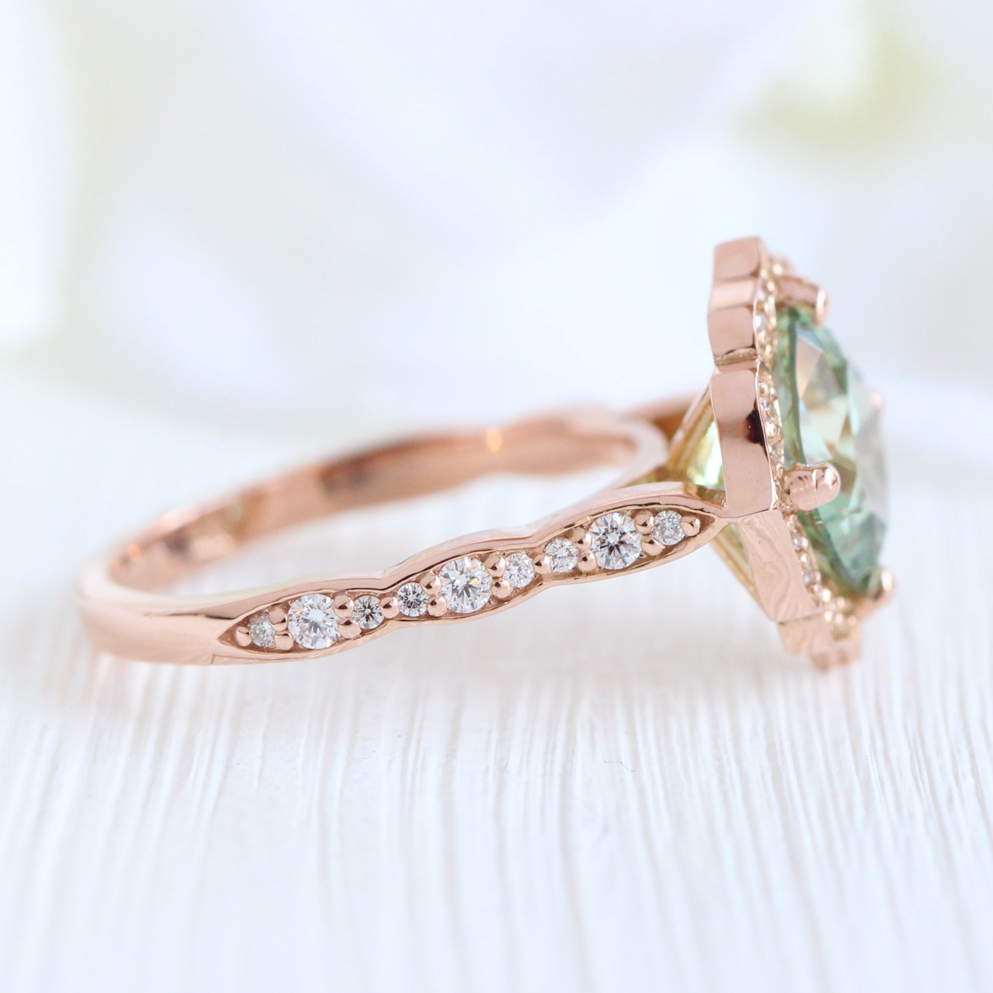 Cushion green sapphire ring rose gold vintage halo diamond ring la more design jewelry