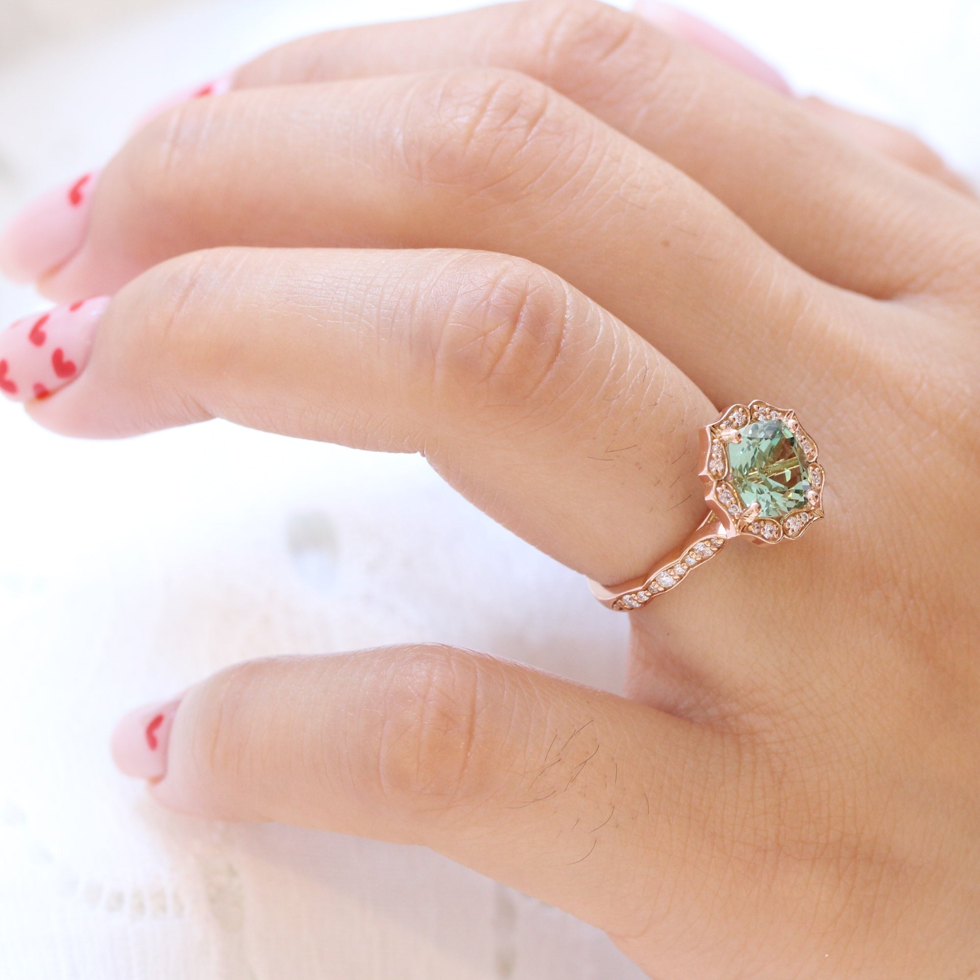 Cushion green sapphire ring rose gold vintage halo diamond ring la more design jewelry