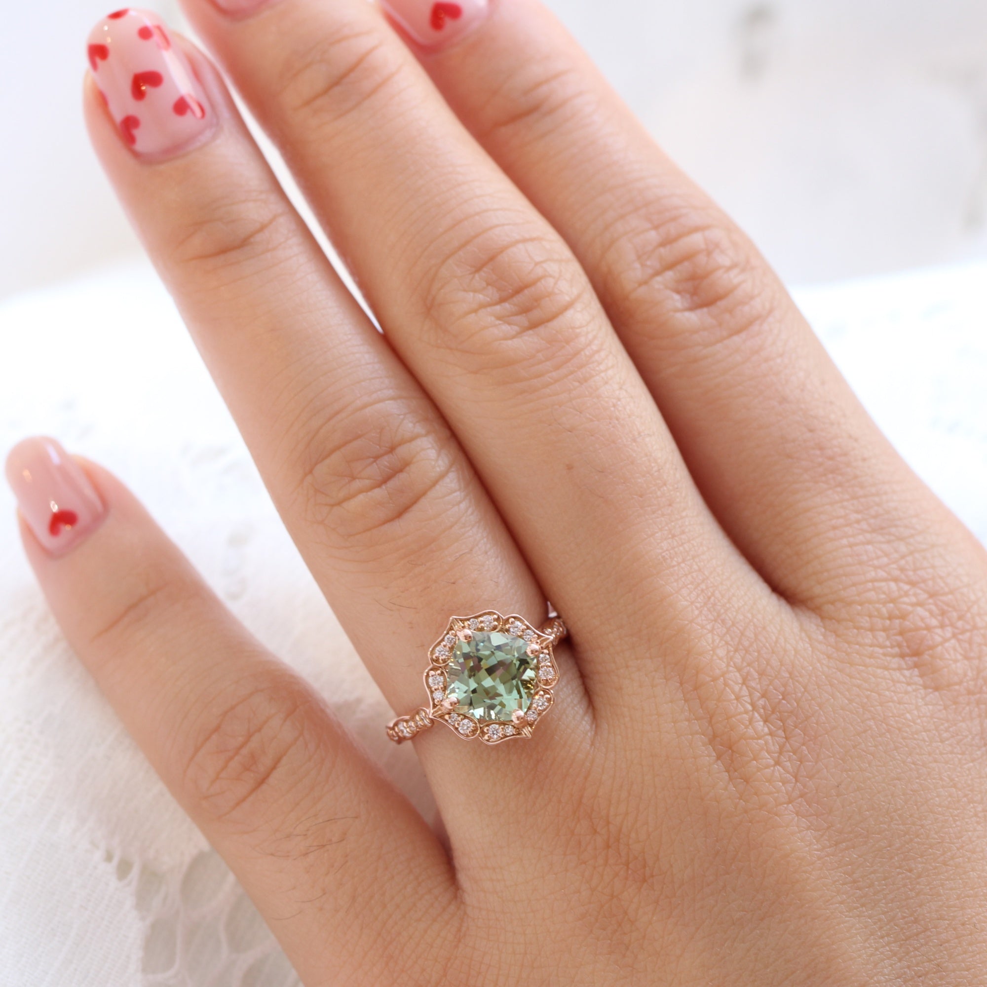 Cushion green sapphire ring rose gold vintage halo diamond ring la more design jewelry