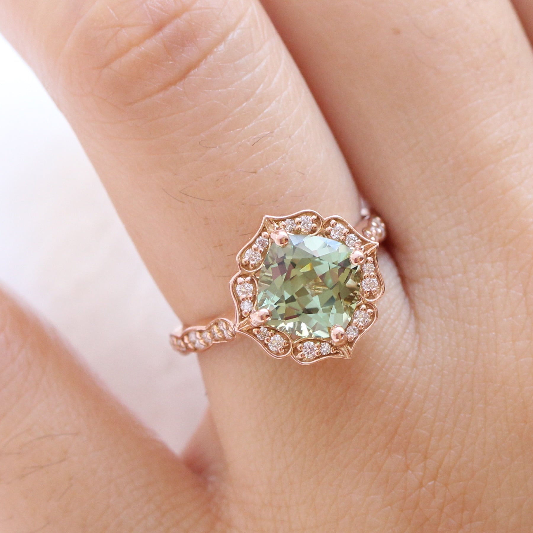 Cushion green sapphire ring rose gold vintage halo diamond ring la more design jewelry