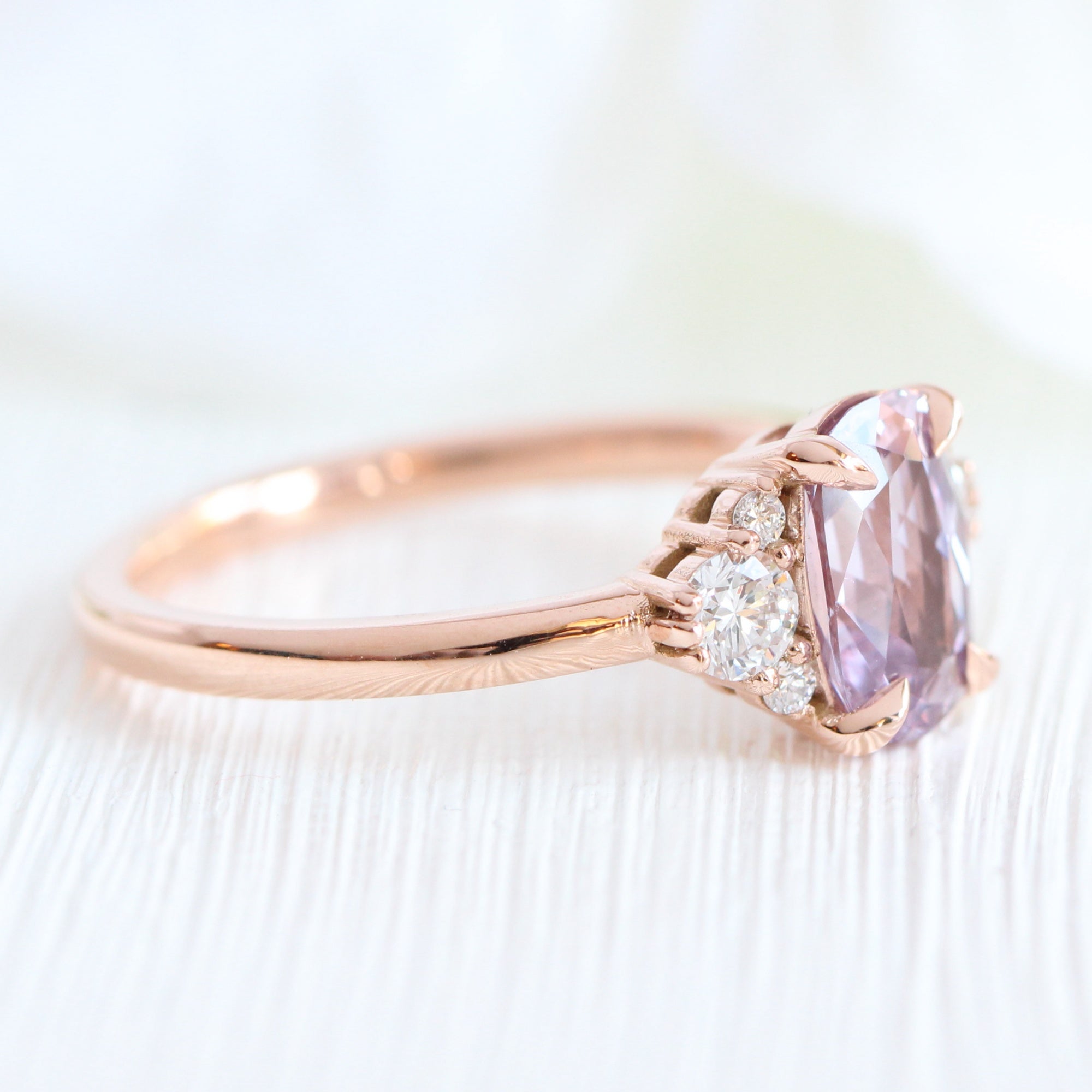 Cushion lavender purple sapphire diamond ring rose gold 3 stone ring la more design jewelry