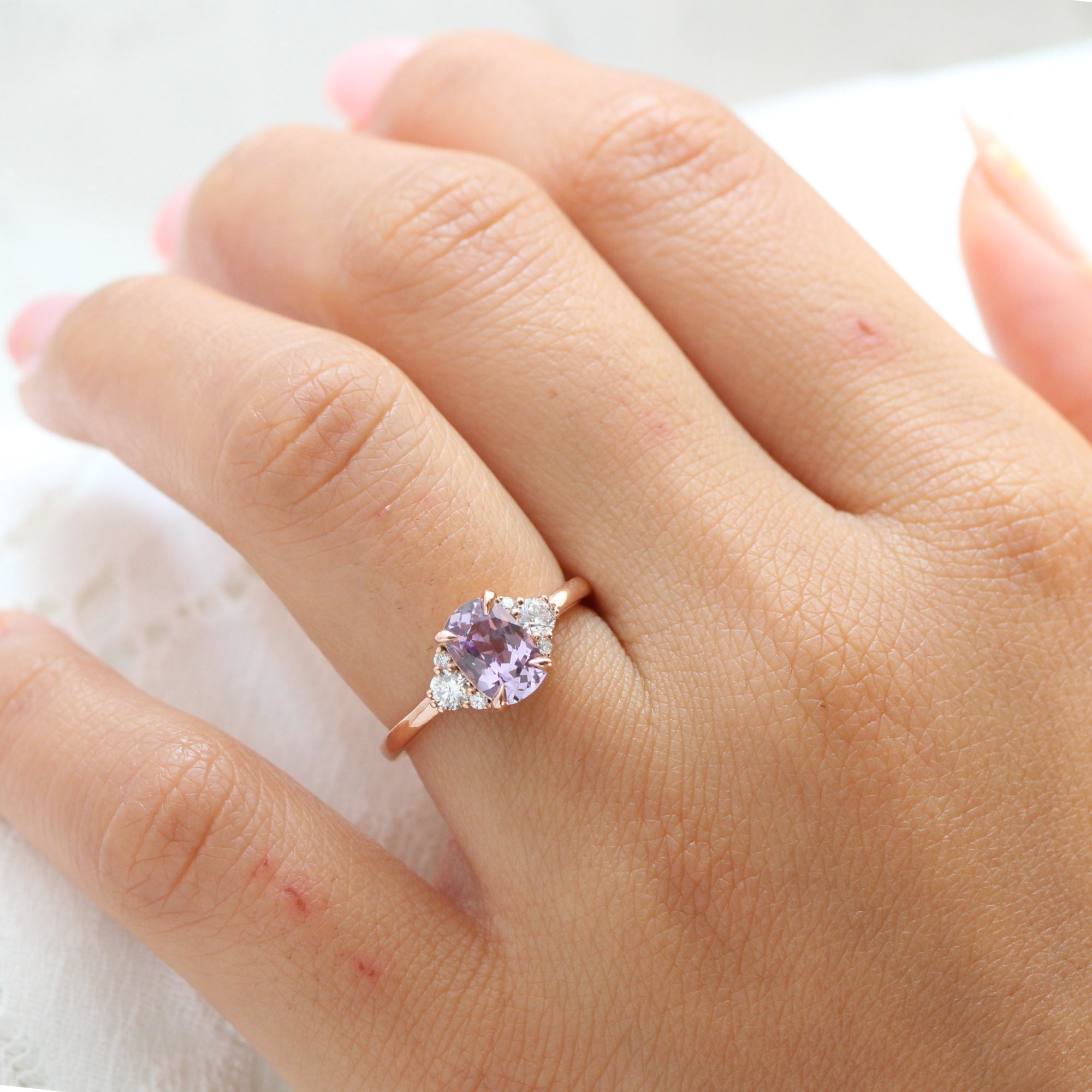 Cushion lavender purple sapphire diamond ring rose gold 3 stone ring la more design jewelry