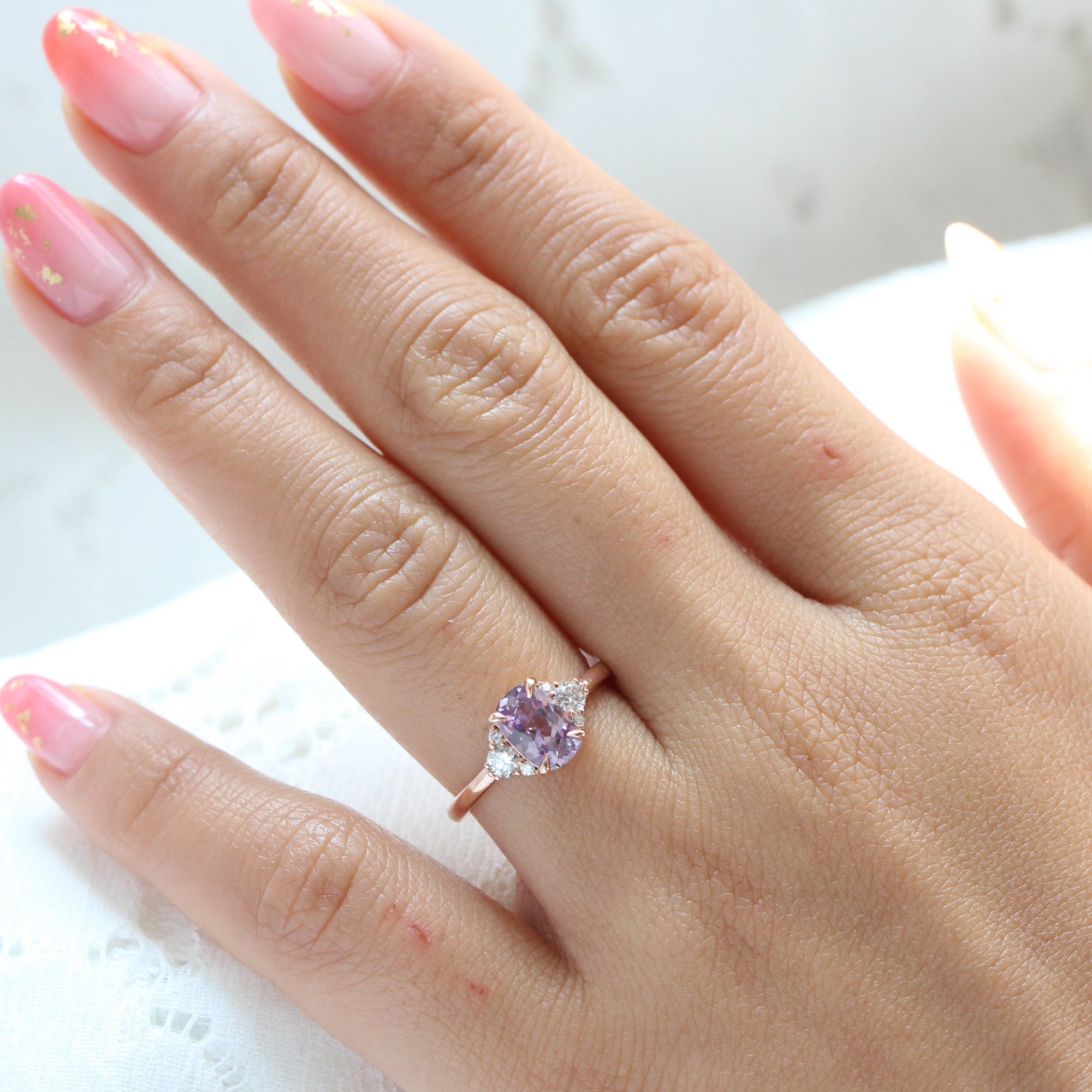 Cushion lavender purple sapphire diamond ring rose gold 3 stone ring la more design jewelry