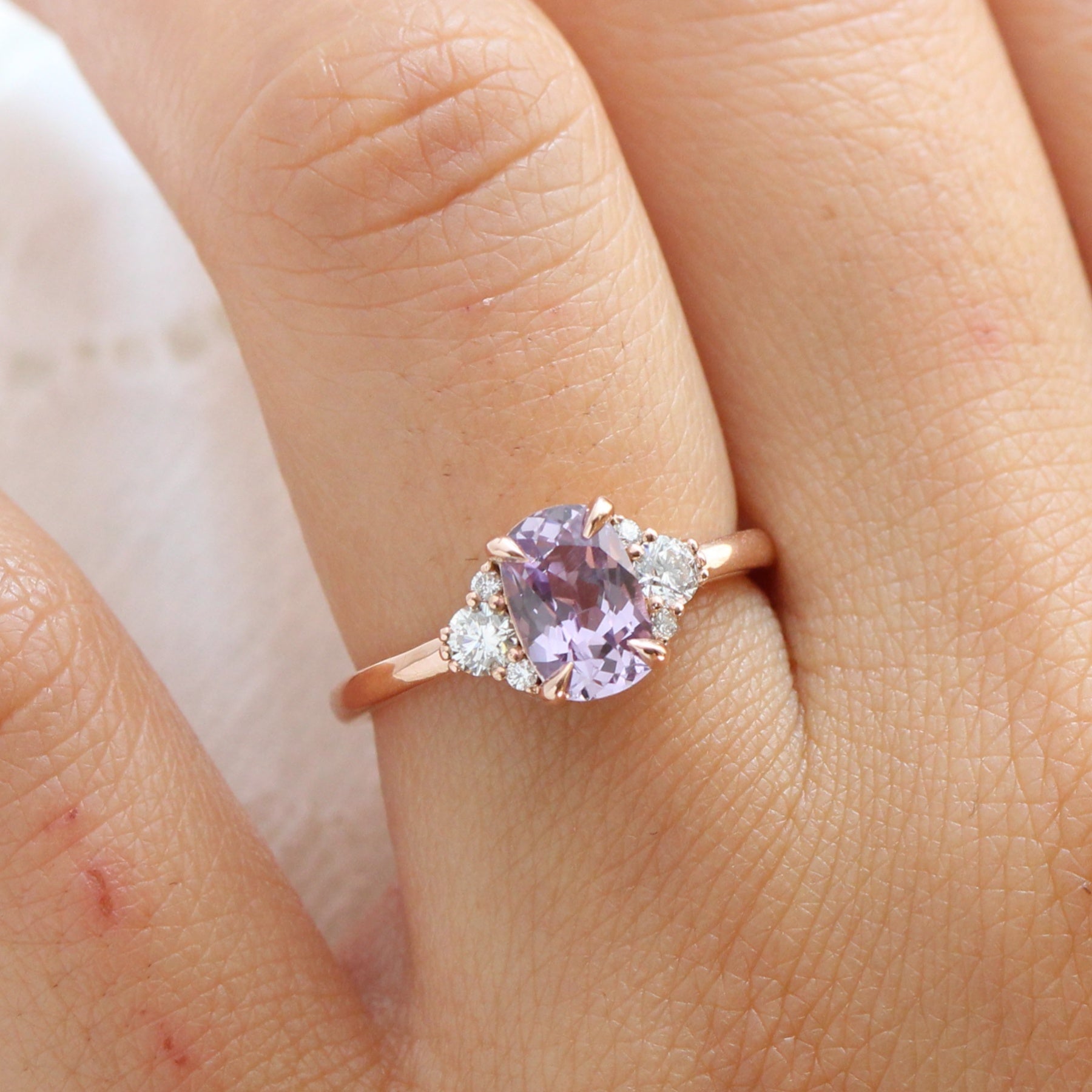 Cushion lavender purple sapphire diamond ring rose gold 3 stone ring la more design jewelry
