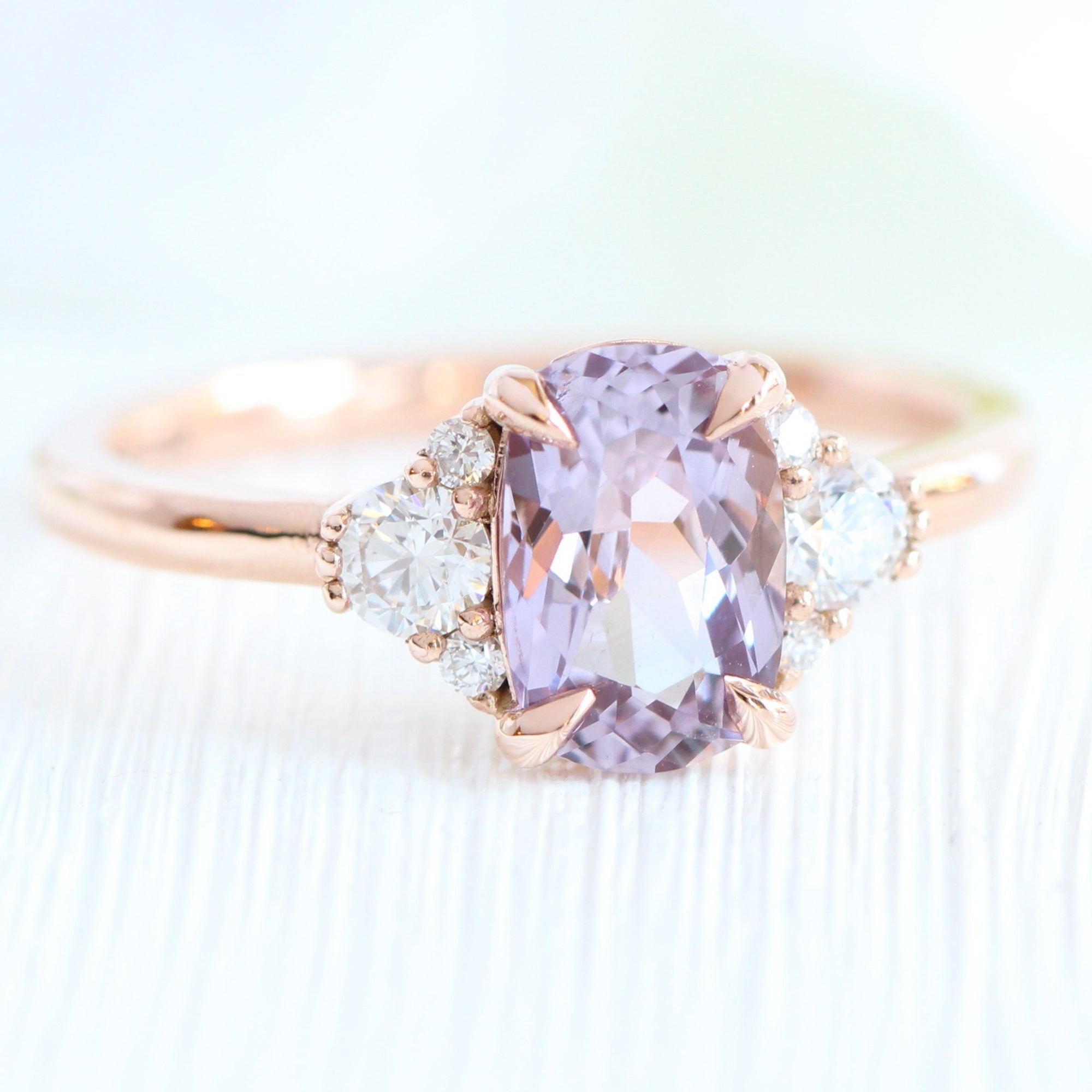 Cushion lavender purple sapphire diamond ring rose gold 3 stone ring la more design jewelry