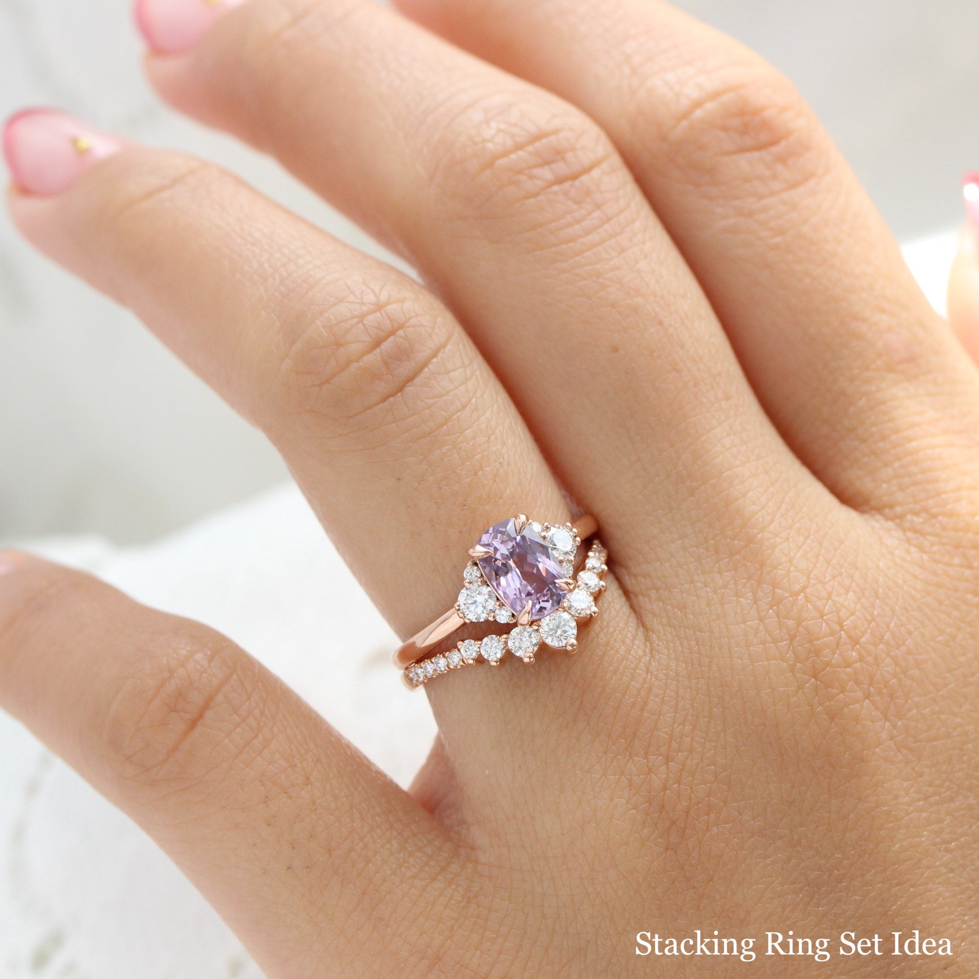 Cushion lavender purple sapphire diamond ring rose gold 3 stone ring la more design jewelry