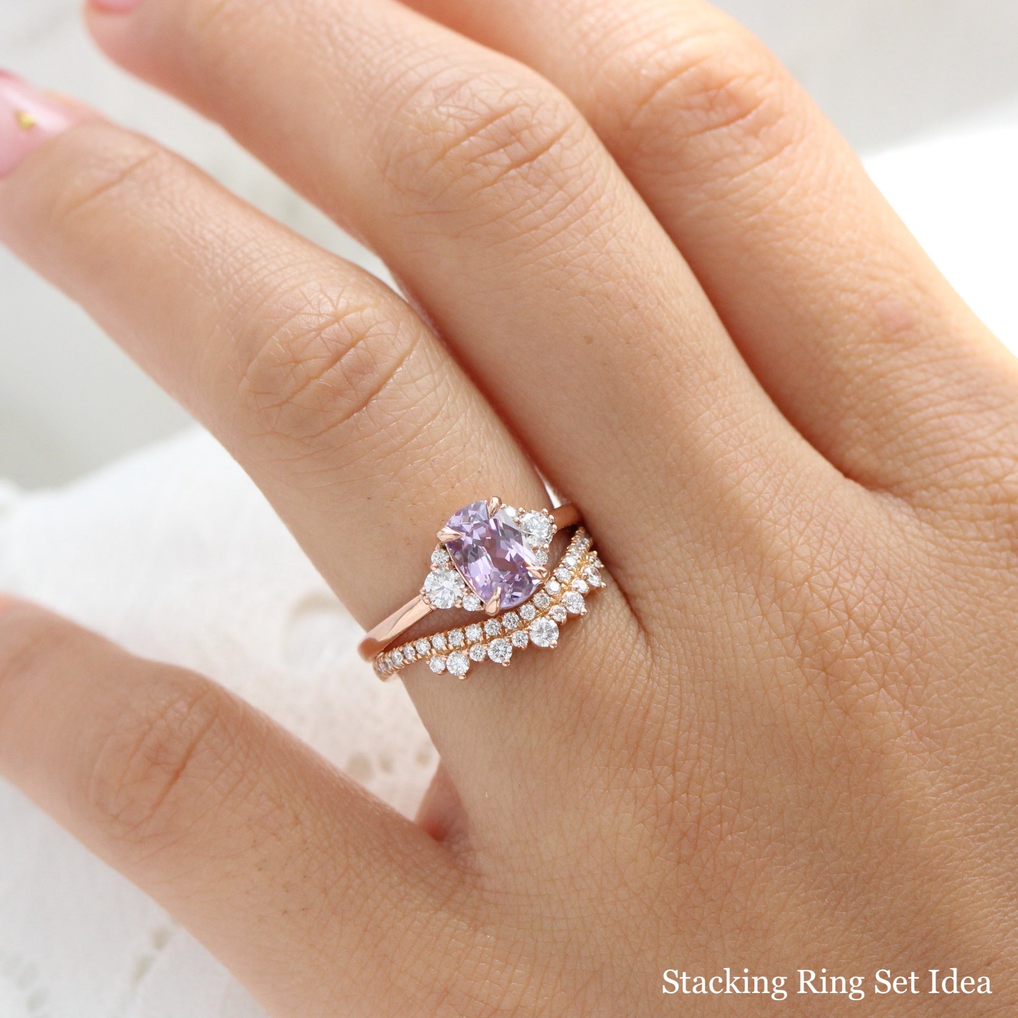 Cushion lavender purple sapphire diamond ring rose gold 3 stone ring la more design jewelry