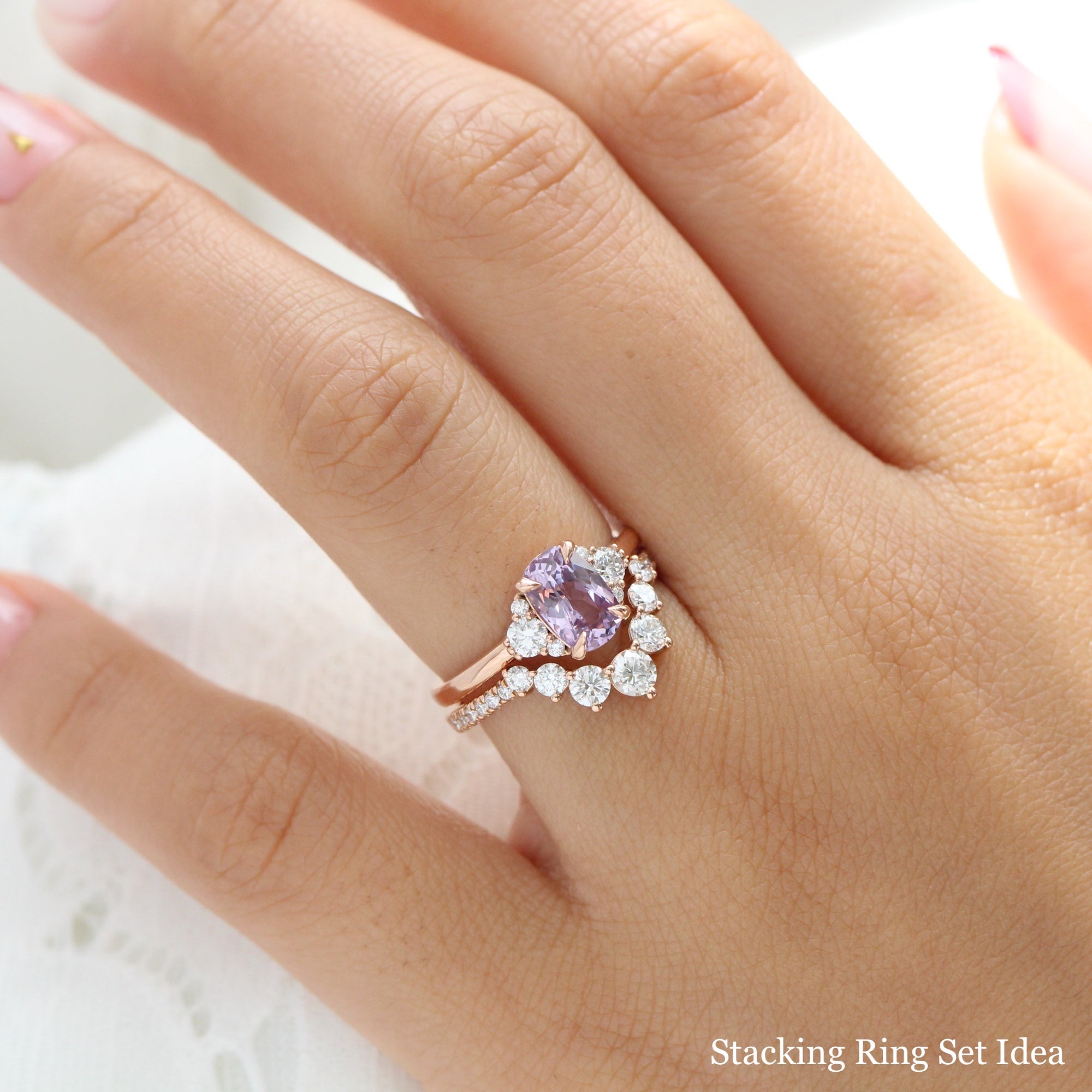 Cushion lavender purple sapphire diamond ring rose gold 3 stone ring la more design jewelry