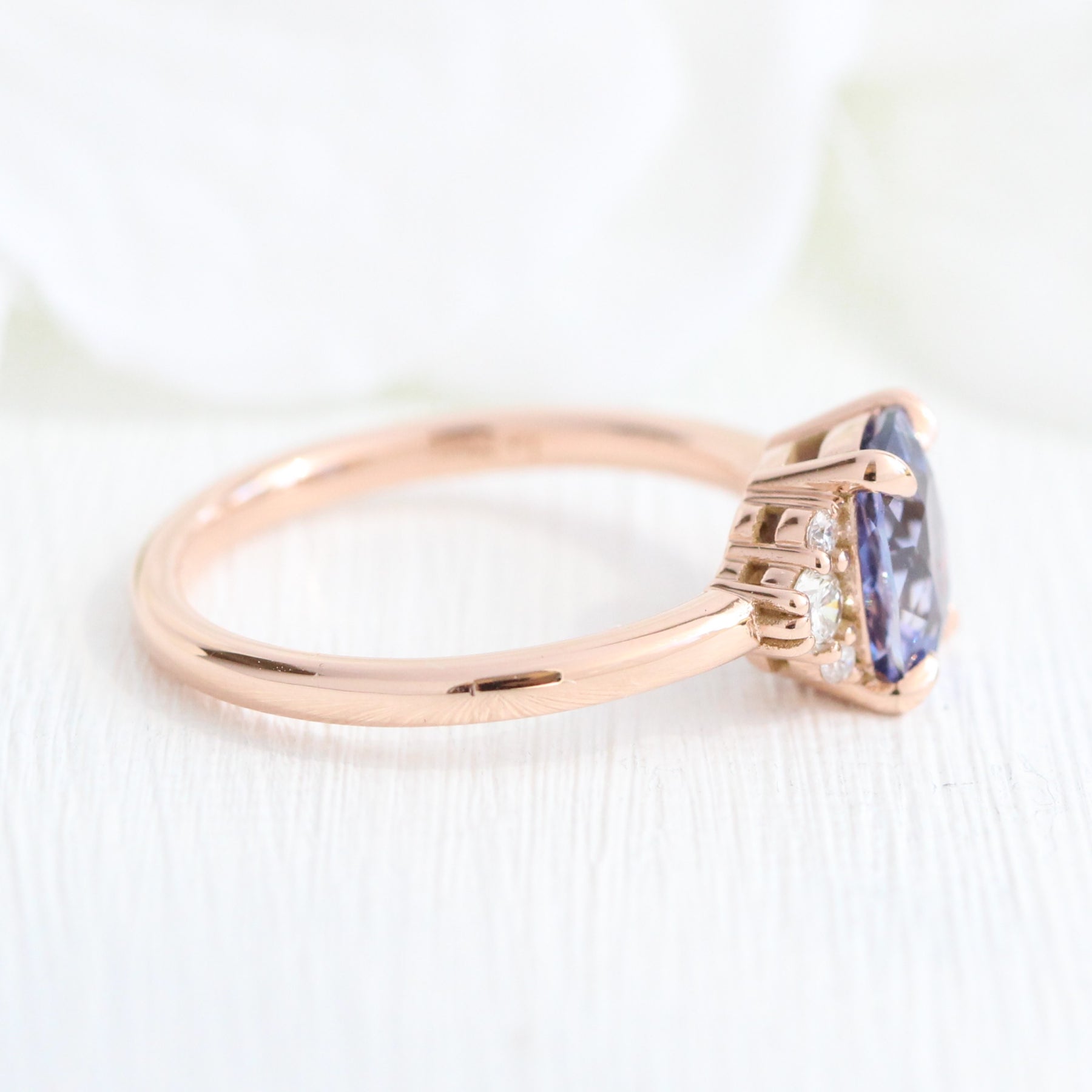 Cushion lavender purple sapphire engagement ring rose gold 3 stone diamond ring la more design jewelry