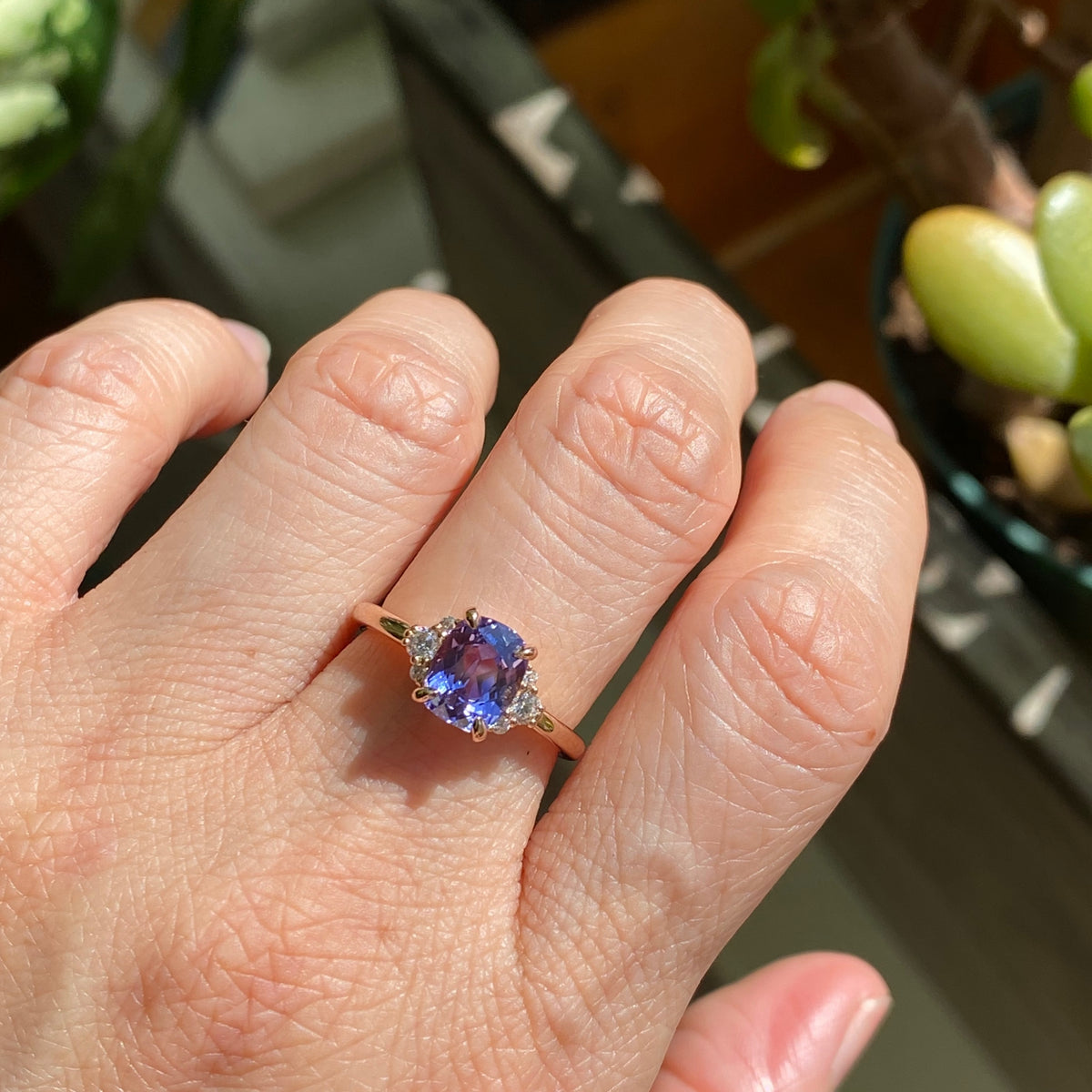 Cushion lavender purple sapphire engagement ring rose gold 3 stone diamond ring la more design jewelry