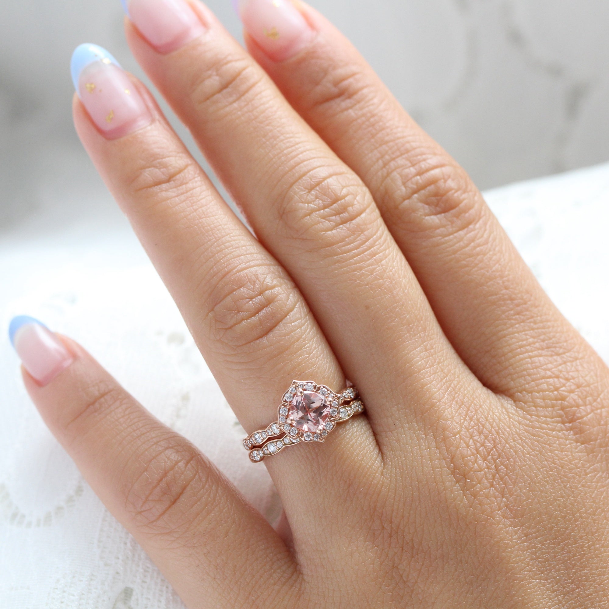 Cushion peach sapphire engagement ring stack rose gold vintage halo diamond sapphire ring la more design jewelry