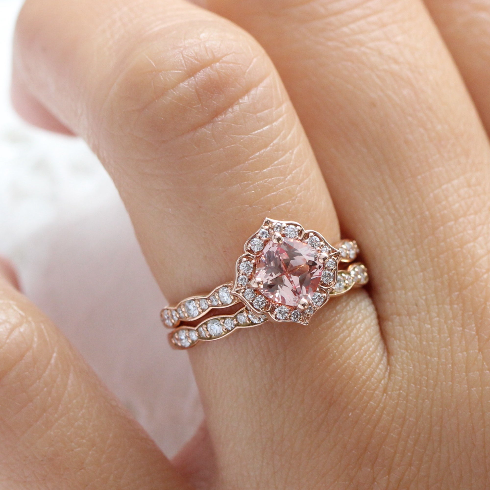 Cushion peach sapphire engagement ring stack rose gold vintage halo diamond sapphire ring la more design jewelry