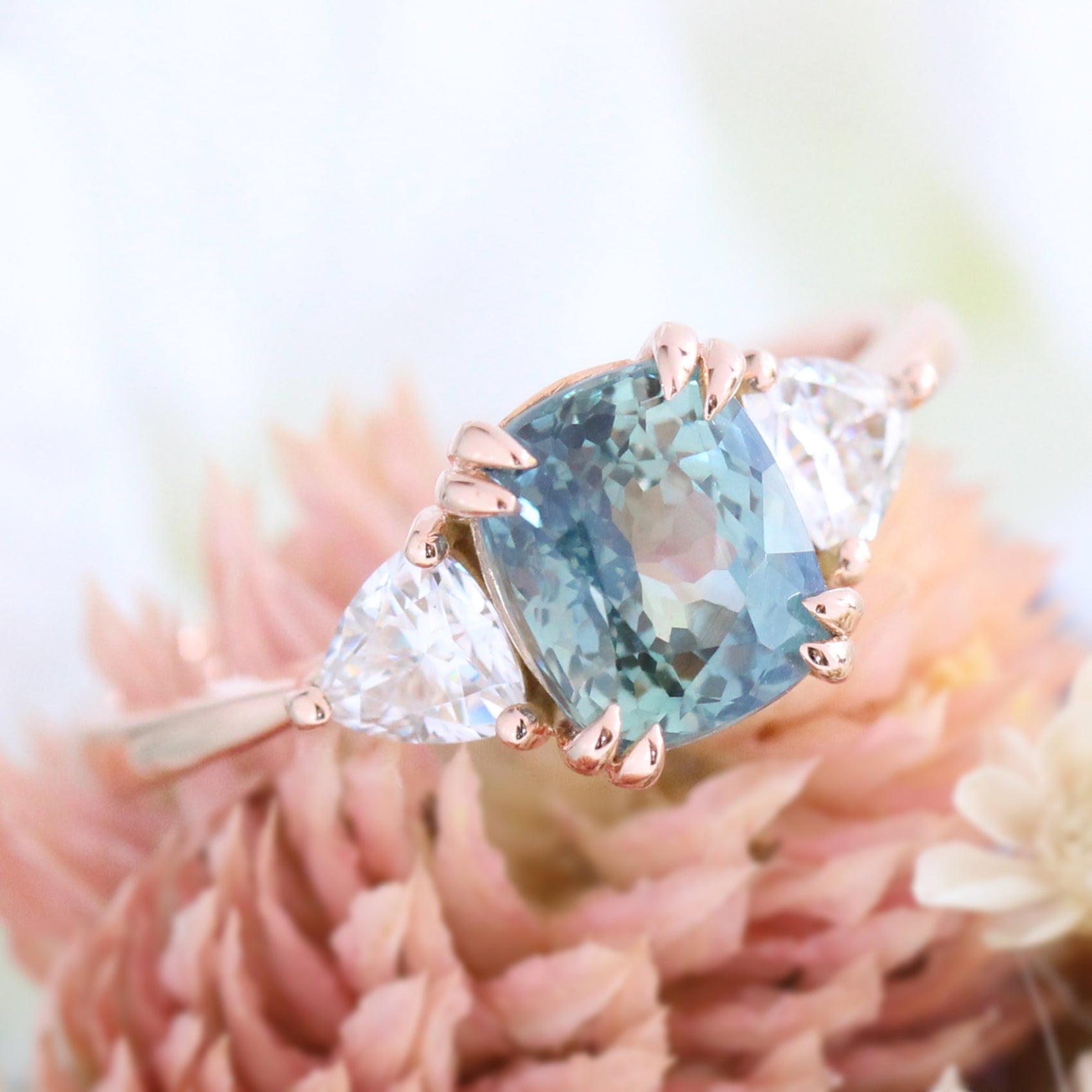 Cushion teal green sapphire ring rose gold 3 stone moissanite ring la more design jewelry