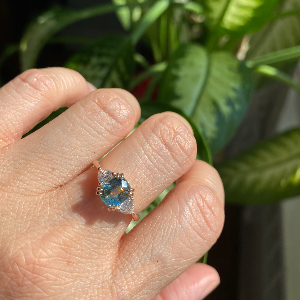 Cushion teal green sapphire ring rose gold 3 stone moissanite ring la more design jewelry